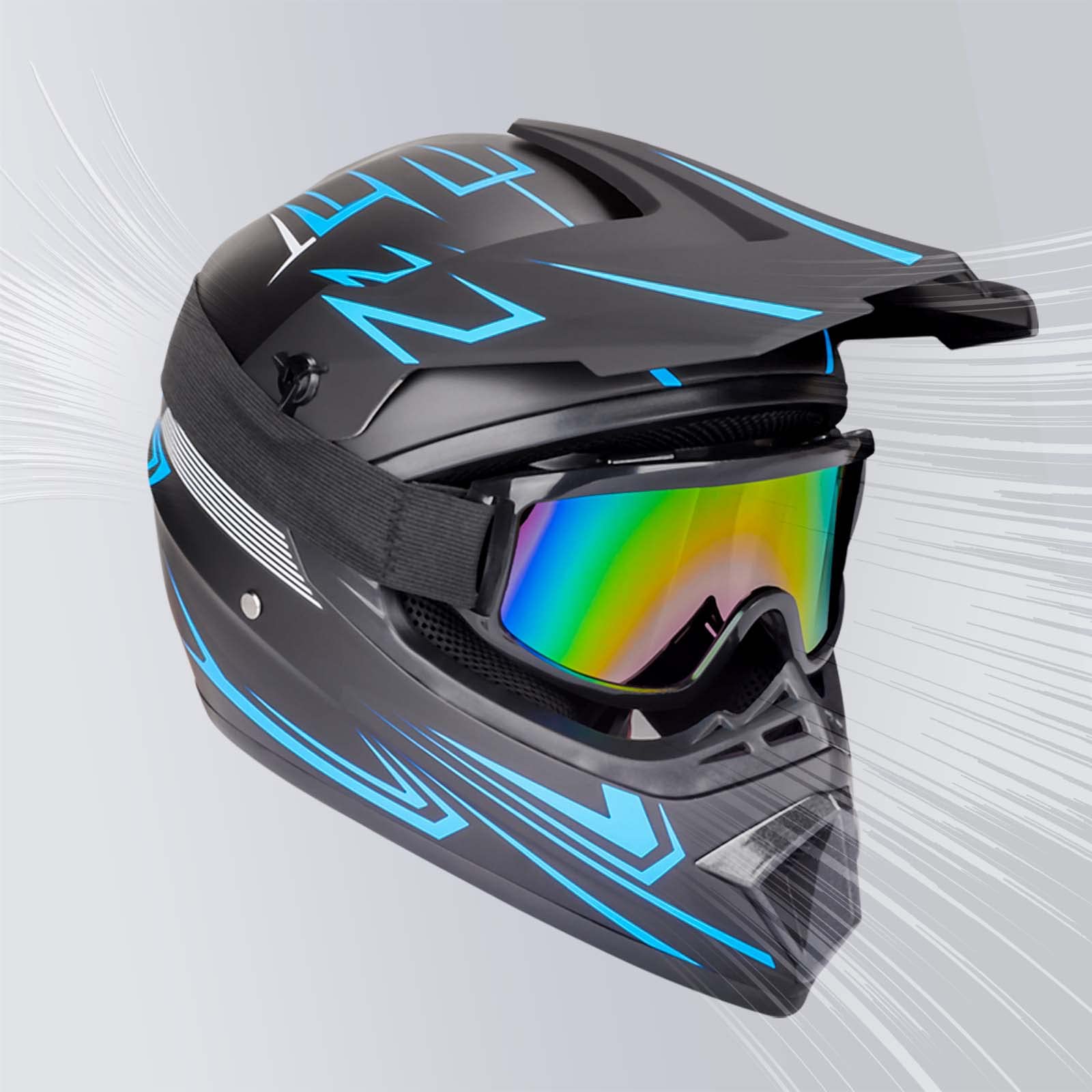 Yesmotor Youth Motocross Full Face Helmet Set - DOT Approved, Large, Blue, Includes Gloves, Goggles, Mask, Ideal for Dirt Bike, BMX, ATV