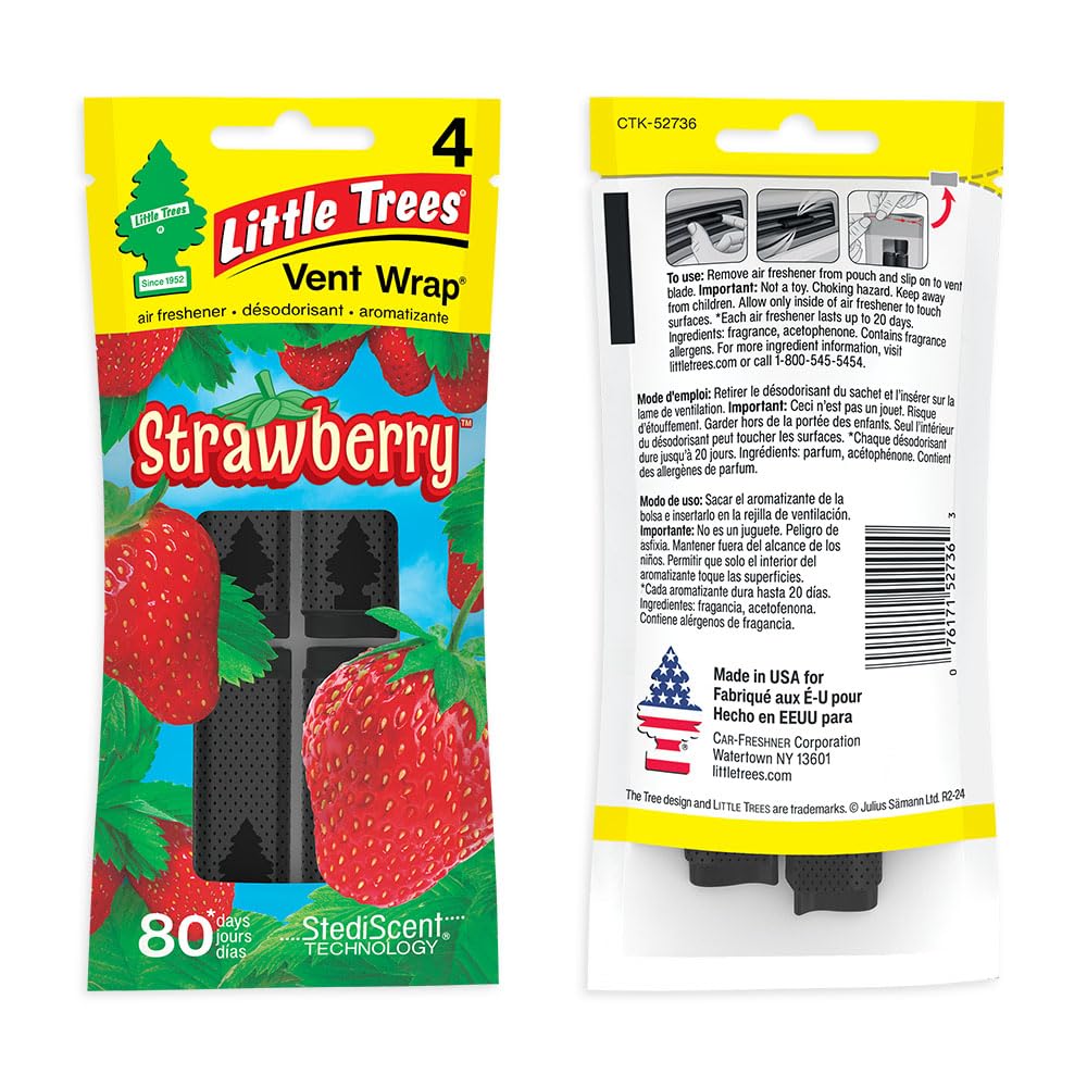 Little Trees Car Air Freshener. Vent Wrap Provides Long-Lasting Scent, Slip On Vent Blade. Strawberry, 16 Air Fresheners, 4 Coun