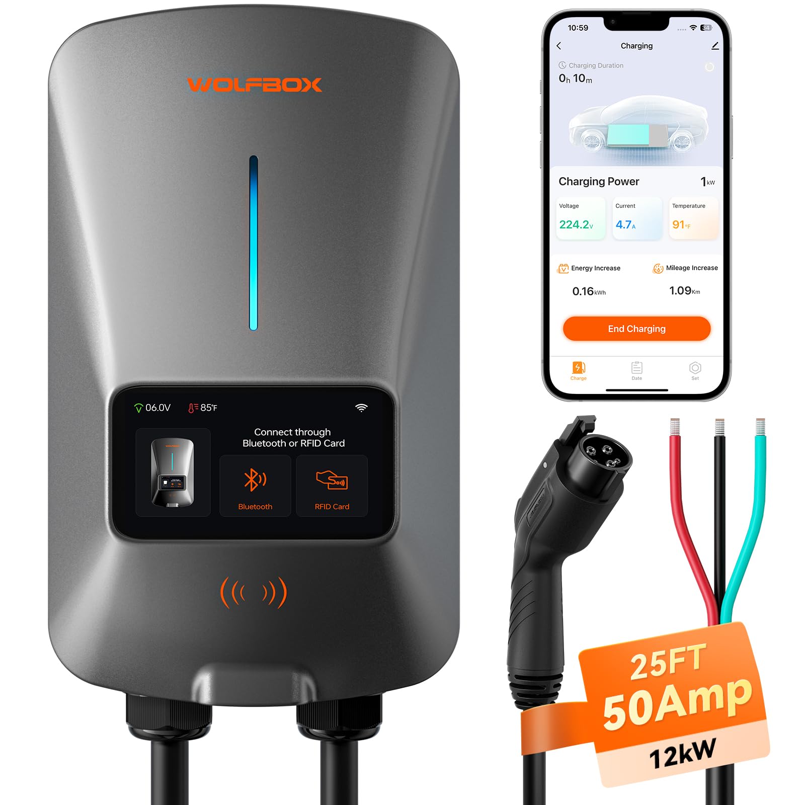 Wolfbox Level 2 Ev Charger 50 Amp - Smart Display, Rfid Card, 25Ft Cable, Outdoor/Indoor, Hardwired Ev Charger Level 2, Wifi Ena