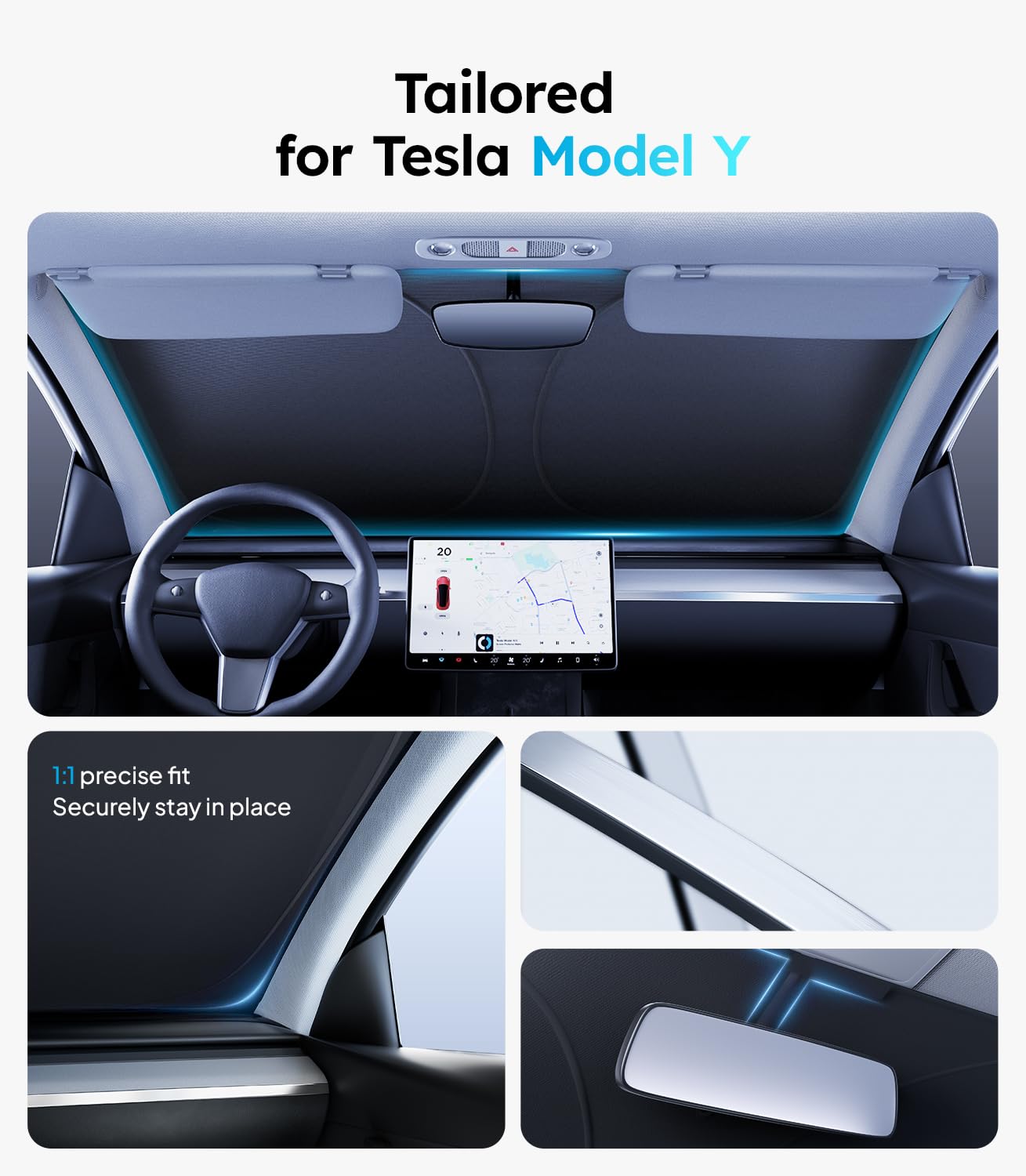 Wigoo Windshield Sunshade for Tesla Model Y (2016-2026) - 100% Sun Blockage, 5-Layer Silver Coating, Foldable with Storage Bag, Black