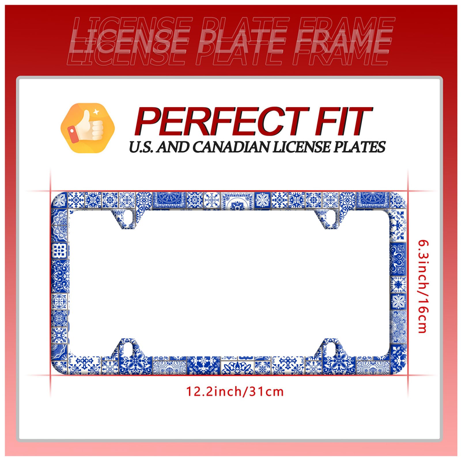 Blue and White Mexican Tiles License Plate Frame Beautiful Boho Mandala Tiles License Plate Stainless Steel Funny Auto Parts Col