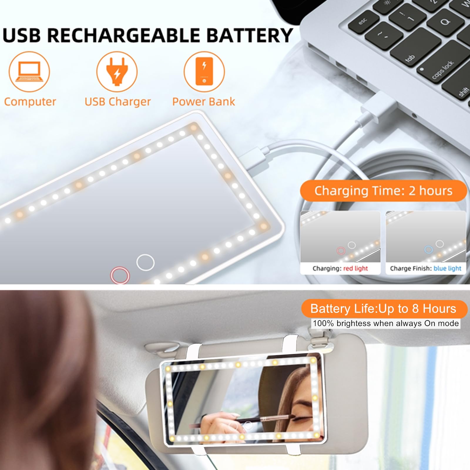 Car Sun Visor Vanity Mirror, Rechargeable Makeup Mirror With 3 Light Modes & 60 Leds - Dimmable Clip-On Rear View Sun-Shading Co