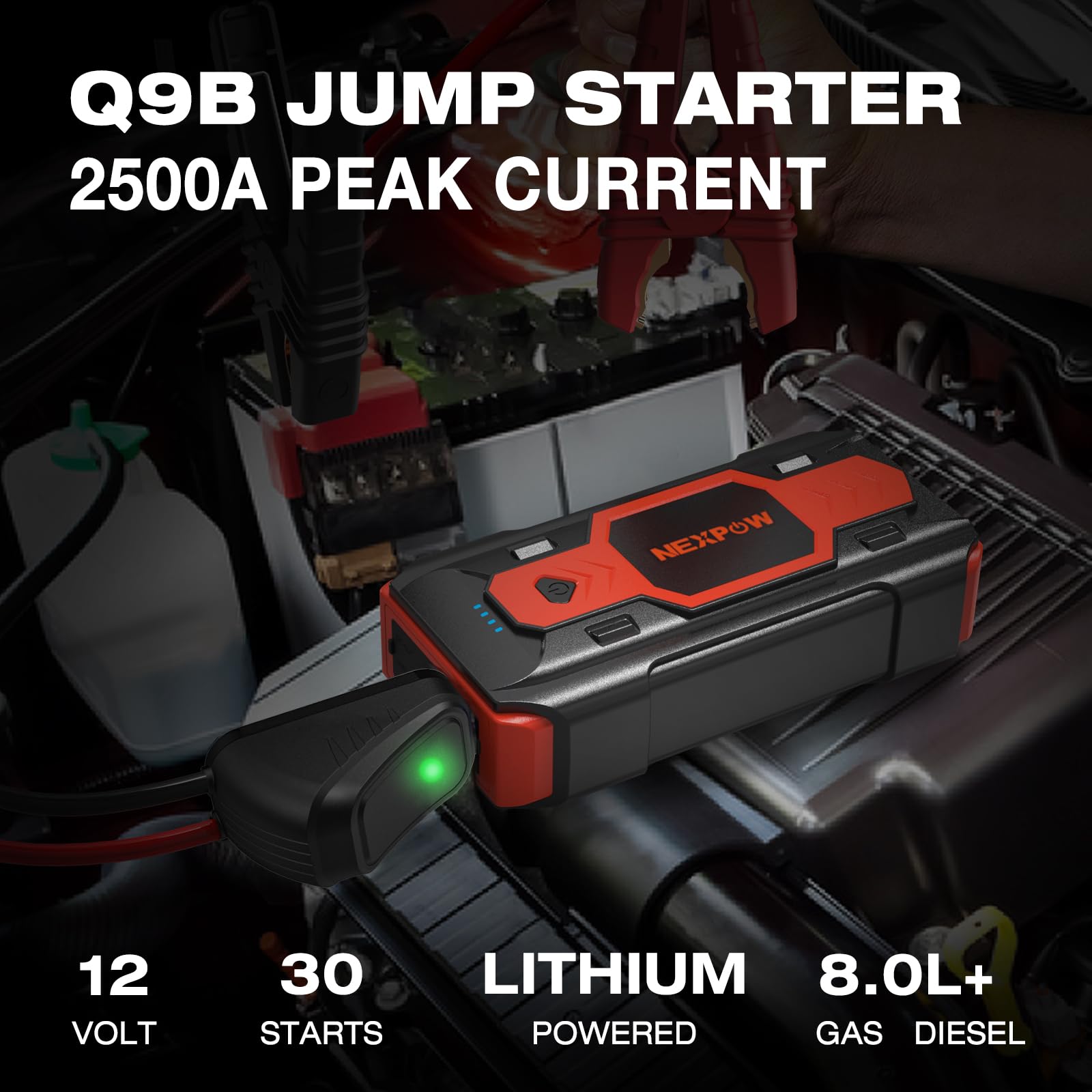 NEXPOW 2500A Car Jump Starter - 12V Battery Booster Pack with USB Quick Charge 3.0, 4 LED Modes, Orange, Model Q9B