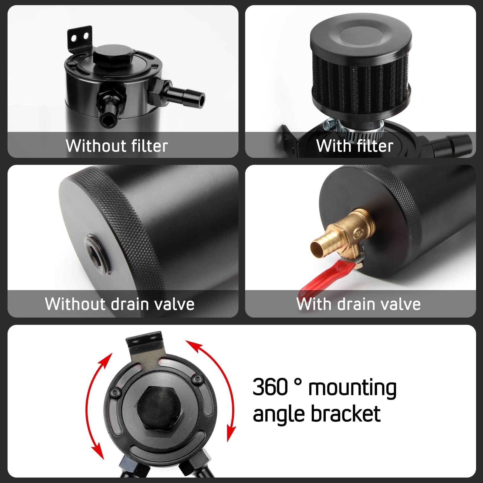 WENJTP Oil Catch Can Kit - 150ml Universal Aluminum Baffled Tank, 2 Ports, Black, Model M2/OCC002, Includes 4 Adapters & Breather Filter