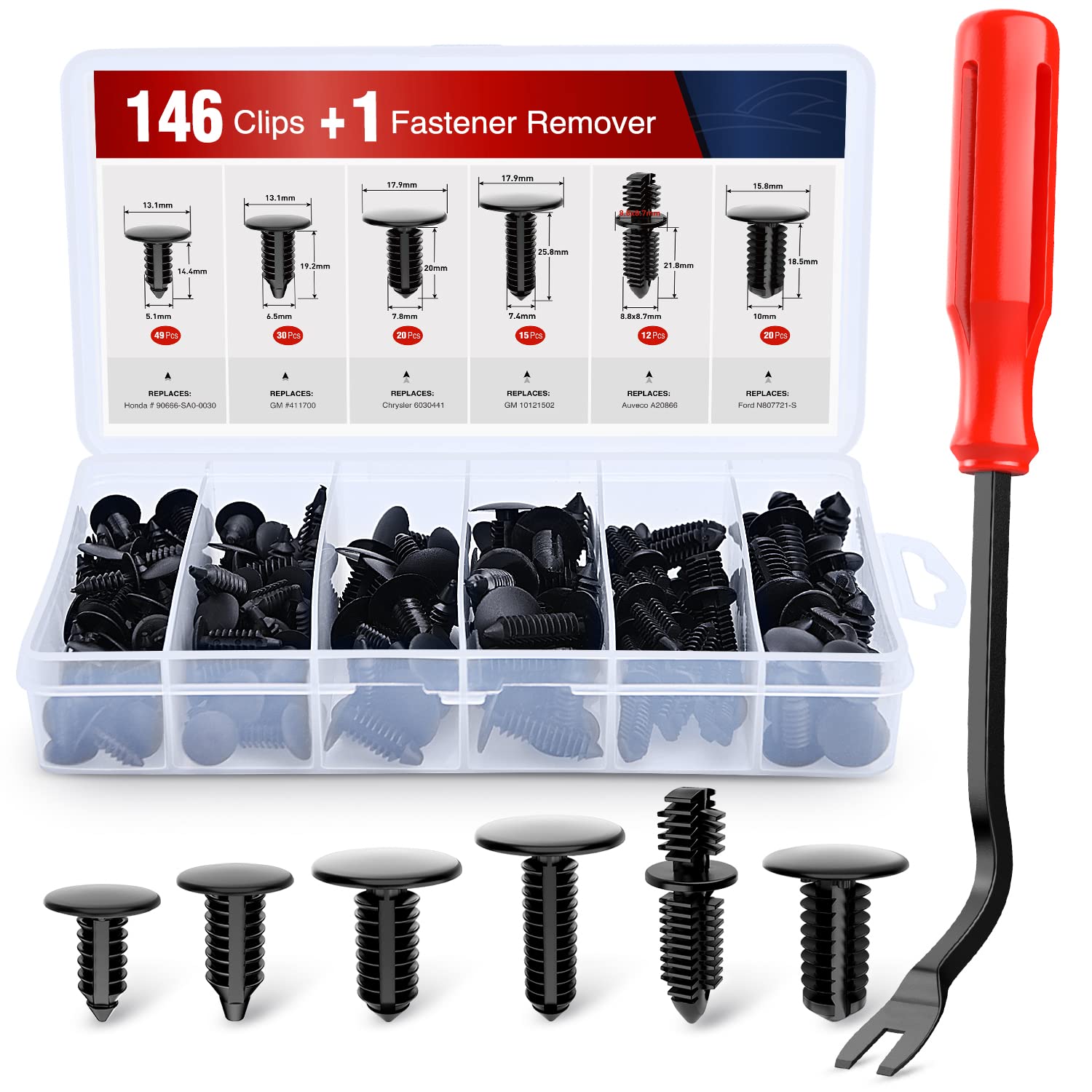 Nilight 146Pcs Automotive Christmas Tree Clips Assortment -6 Most Common Sizes Universal Auto Body Shield Retainer Fastener Clip