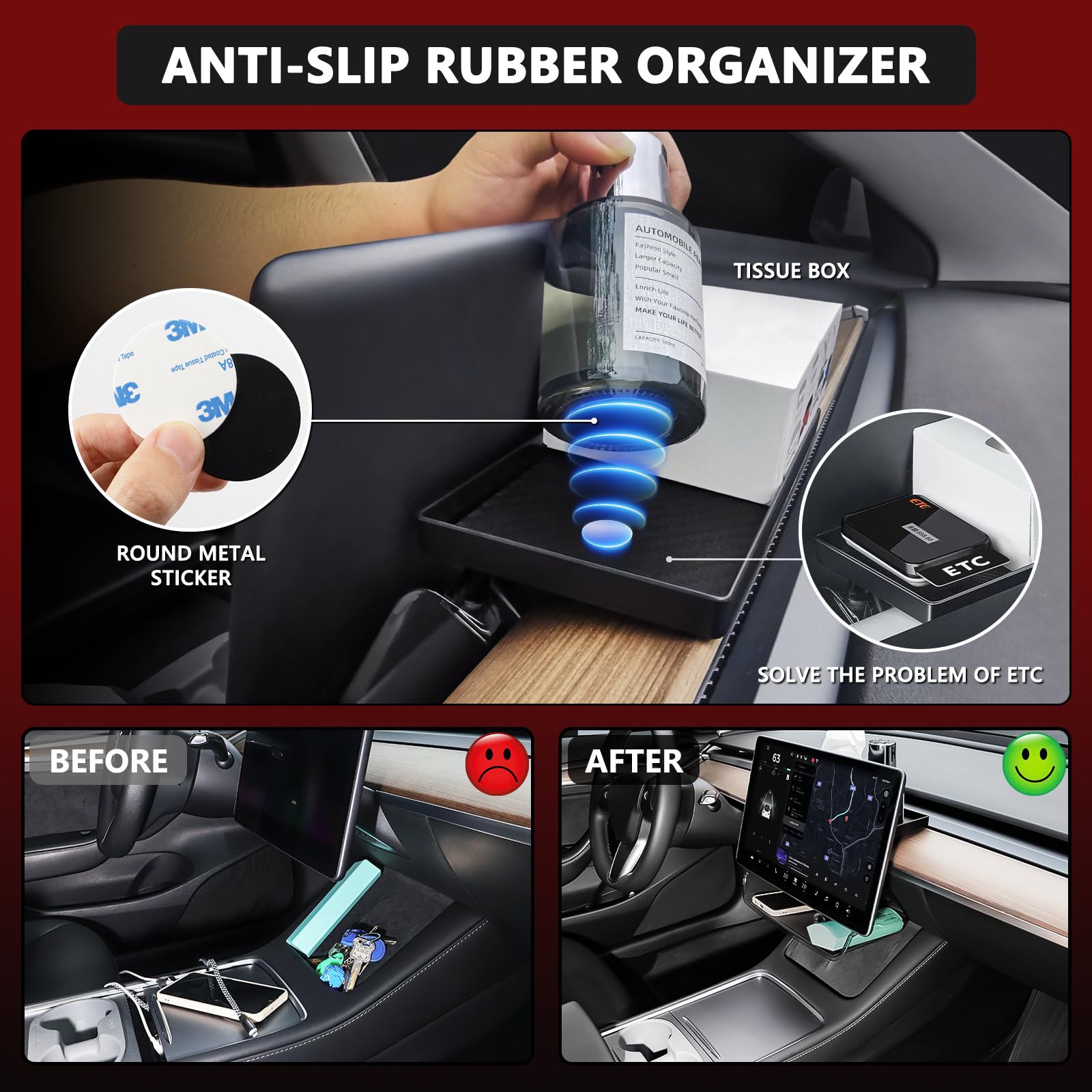 Klutchtech Model 3/Y Center Console Organizer Tray Magnetic Under Screen Storage Box Behind Screen Tray Dashboard Organizer Tiss
