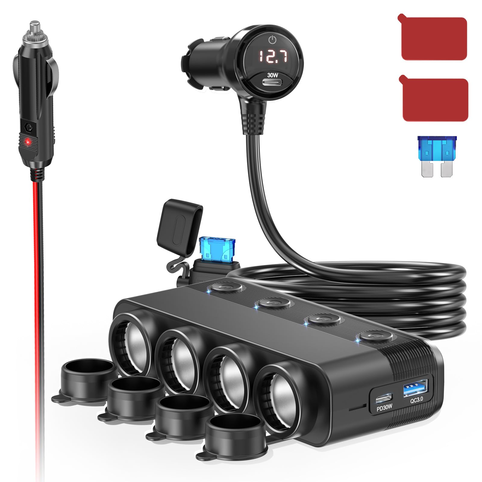 Qidoe Cigarette Lighter Splitter,300W 4-Socket Car Charger Adapter With Dual Pd30W Type C & Qc18W Usb,12V/24V Car Splitter Adapt