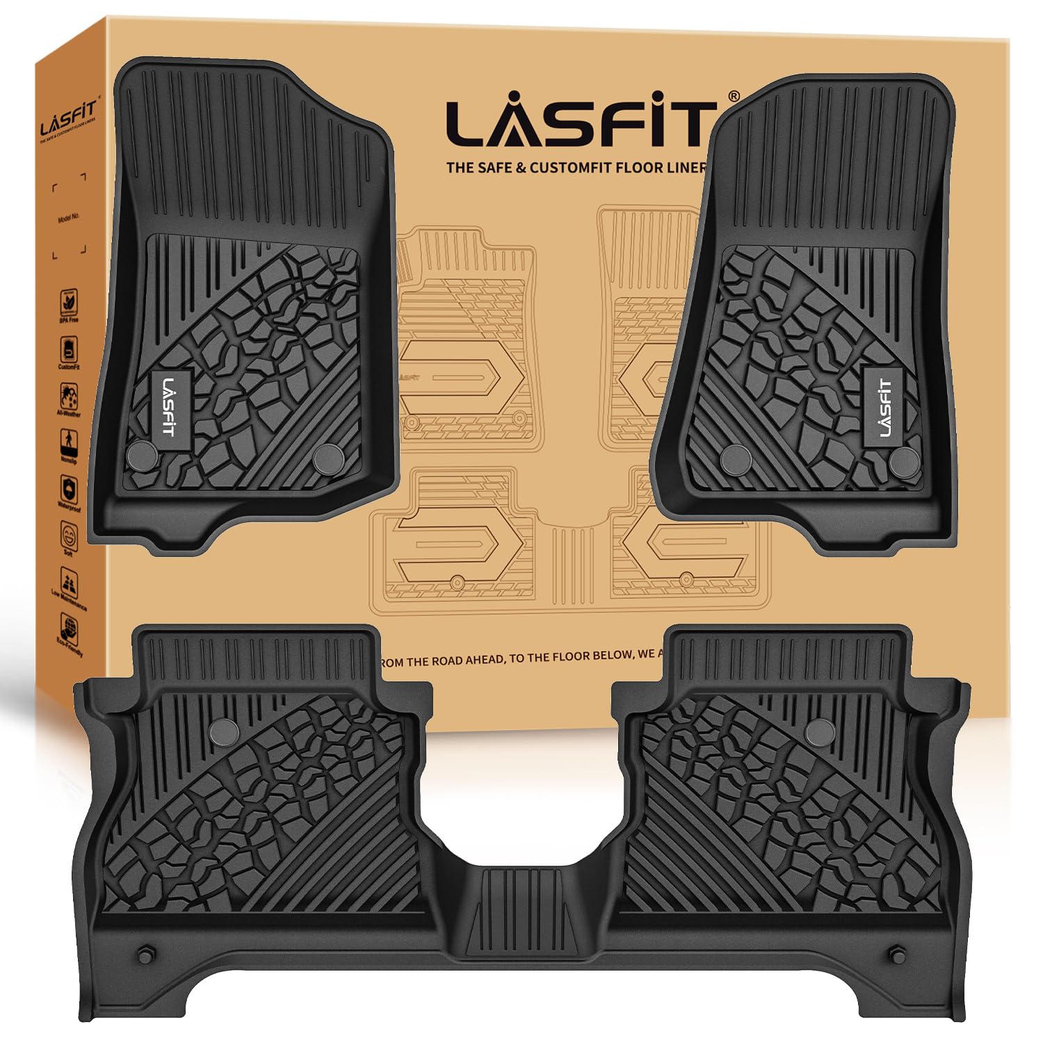 Lasfit Floor Mats For Jeep Gladiator 2020-2024 2025 All Weather Tpe Custom Fit Car Mats Floor Liners 1St & 2Nd & Row, Black