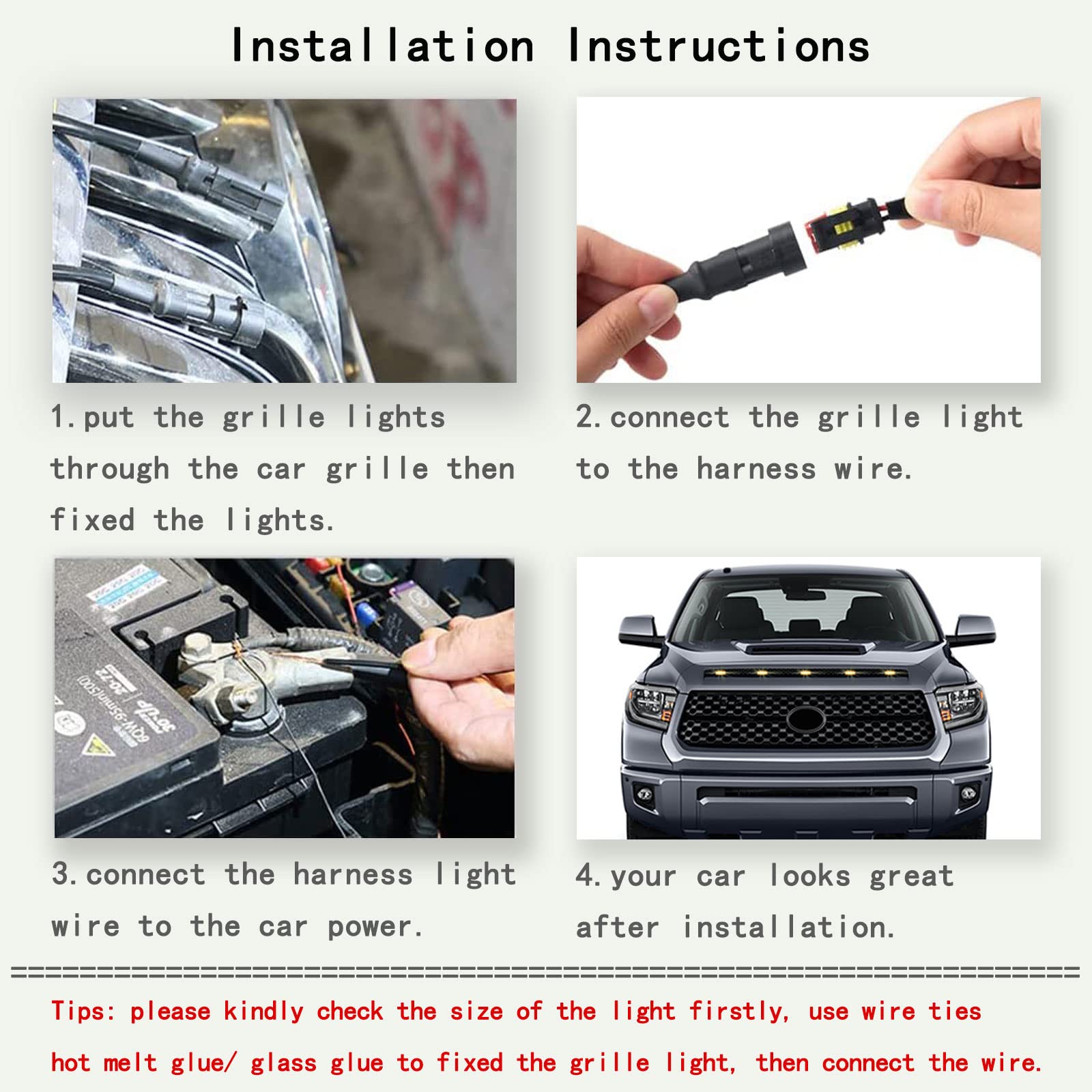 YUNHECAM Front Grille LED Lights for Toyota Tundra 2008-2022, Amber DRL, Black, Model QC10114, 5PCS Raptor Style Trim