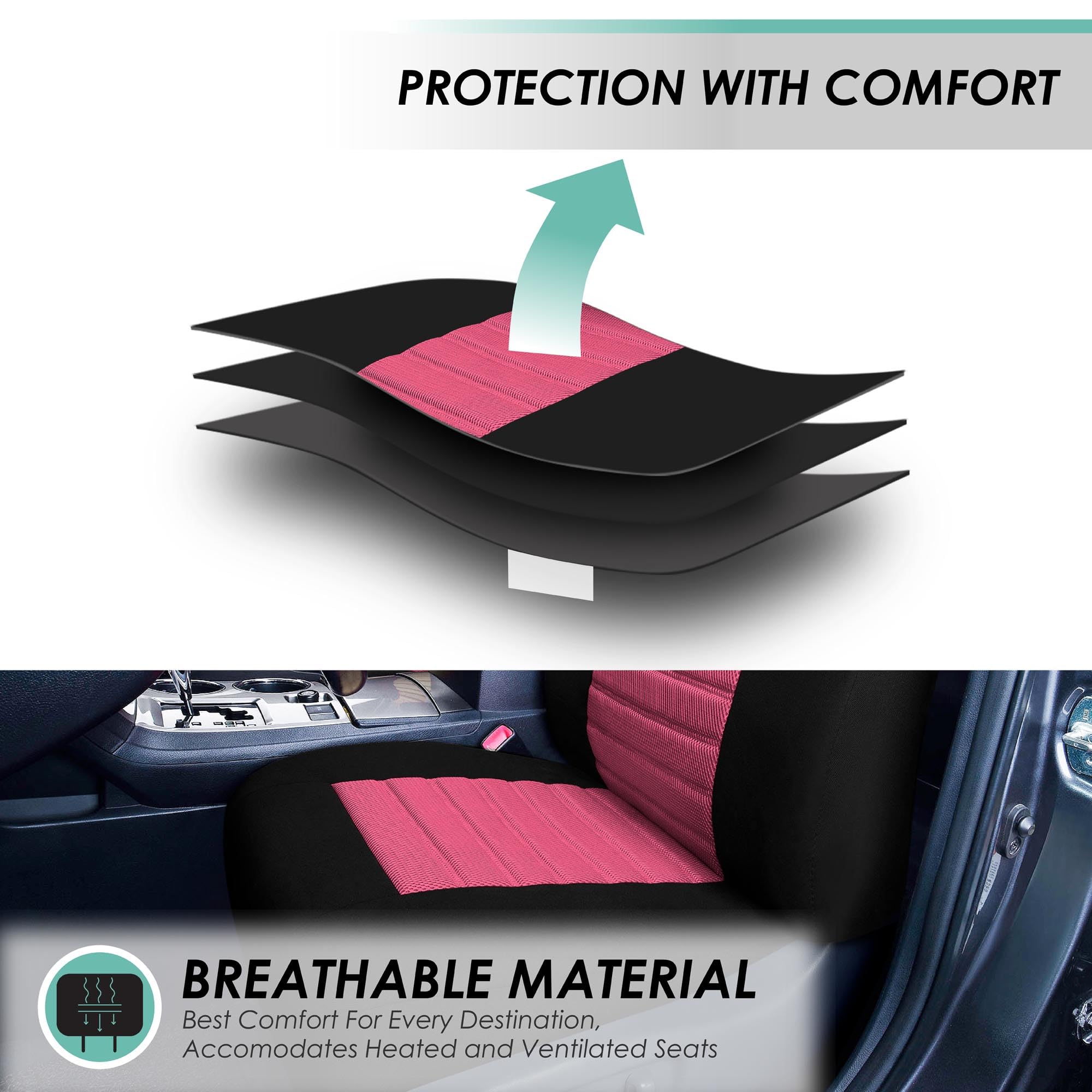 Fh Group Automotive Car Seat Covers Full Set Premium 3D Air Mesh Pink And Black Seat Covers, Airbag Compatible And Split Bench C