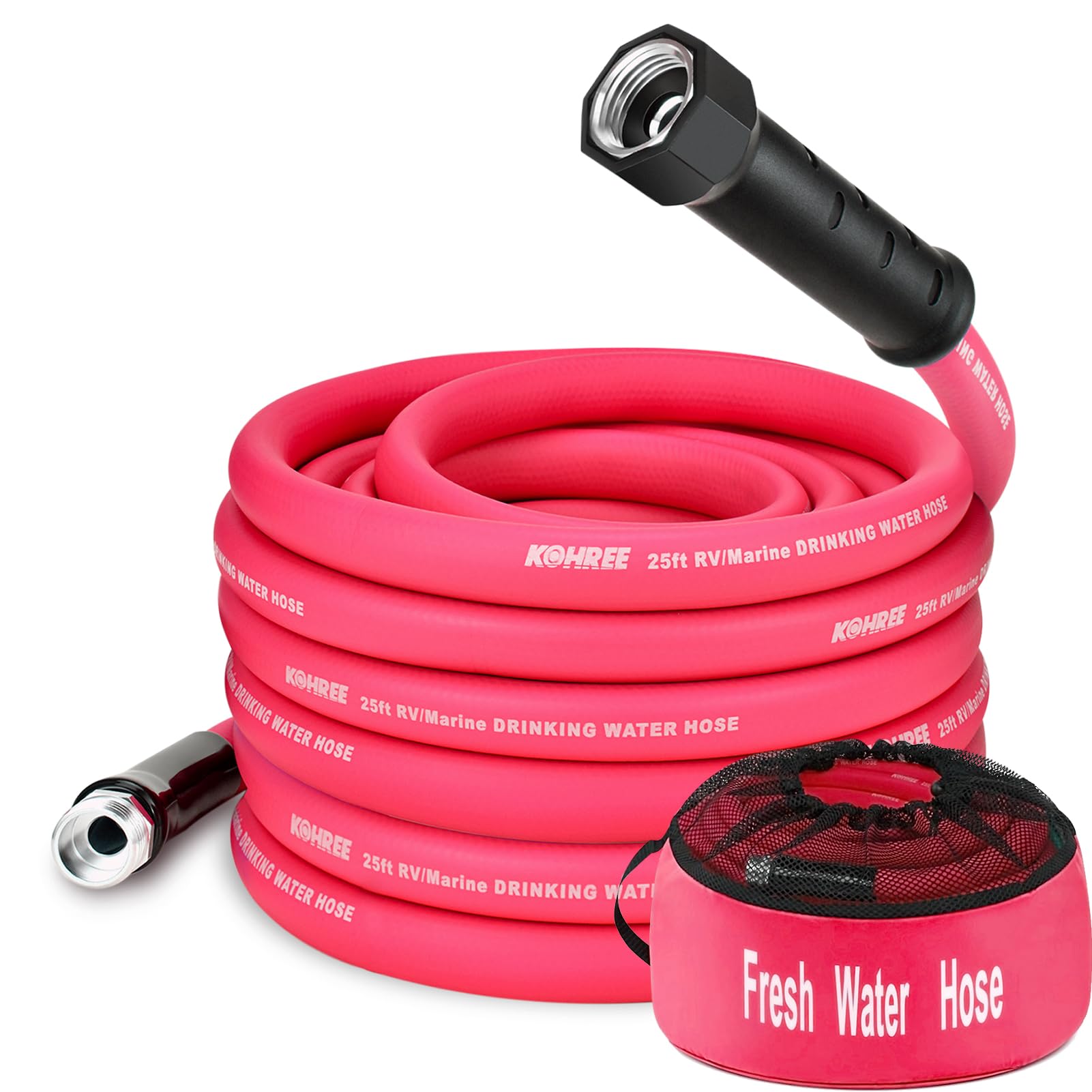 Kohree 25Ft Rv Water Hose, 5/8'' Premium Drinking Water Hose Leak Free, No Kink And Flexible Garden Hose With Storage Bag, Ideal