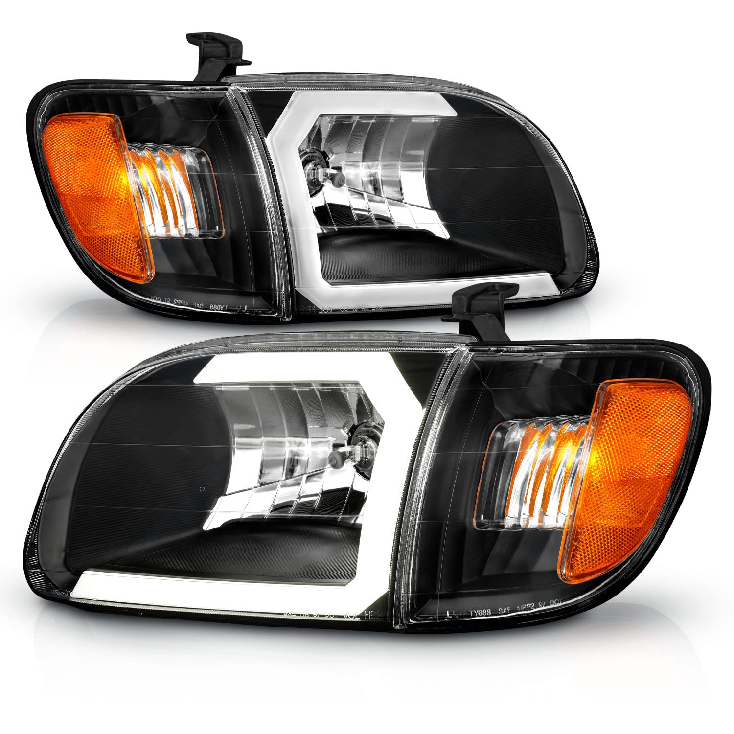 AmeriLite C-Type Led & Halogen Headlight Set for 2000-2004 Toyota Tundra, Black, Driver & Passenger Side, Pickup Truck Light Assembly