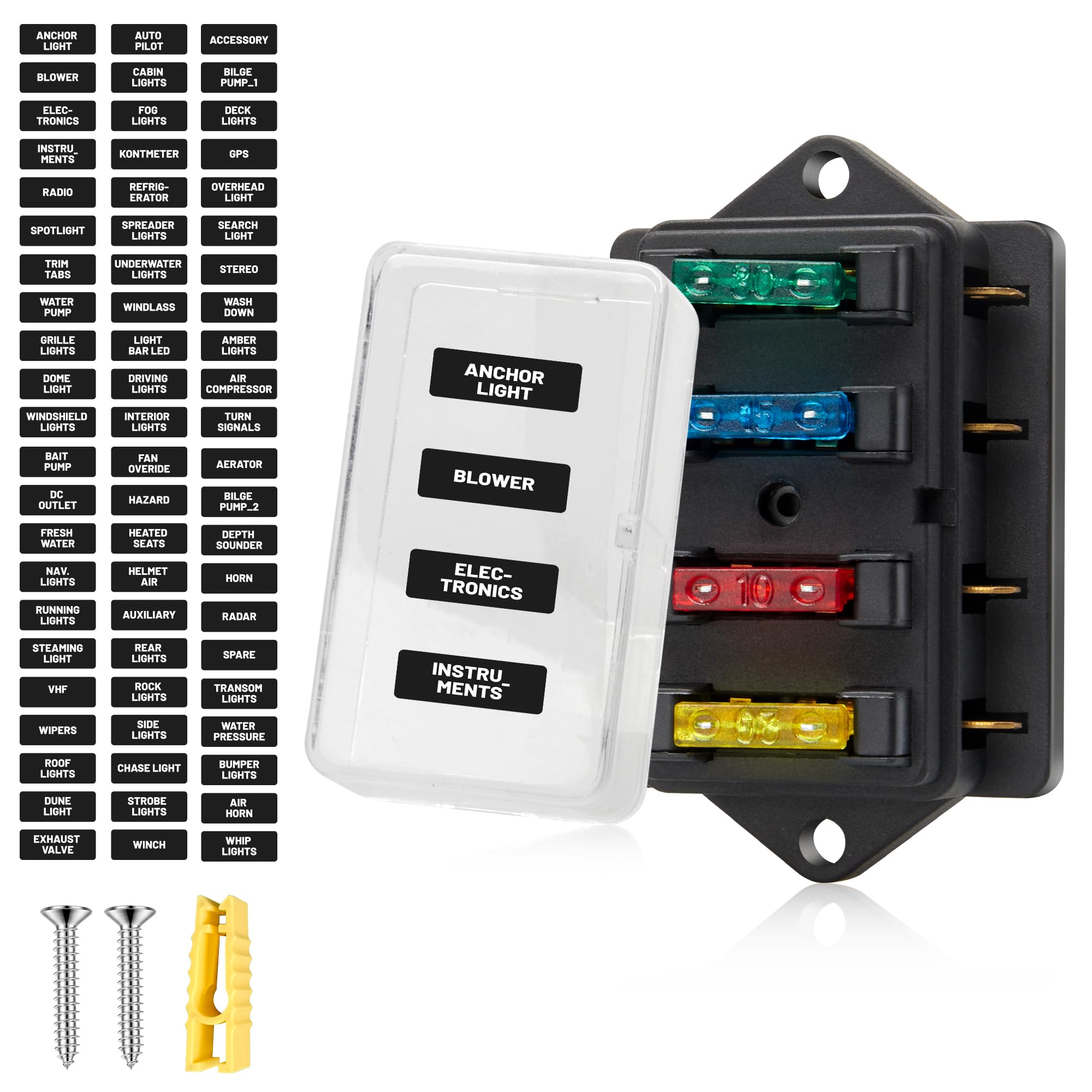 RED WOLF 4 Way Blade Fuse Block Box Holder w/Standard Circuit 10V-32V DC for Automotive Truck Boat Marine RV Van Vehicle Power D