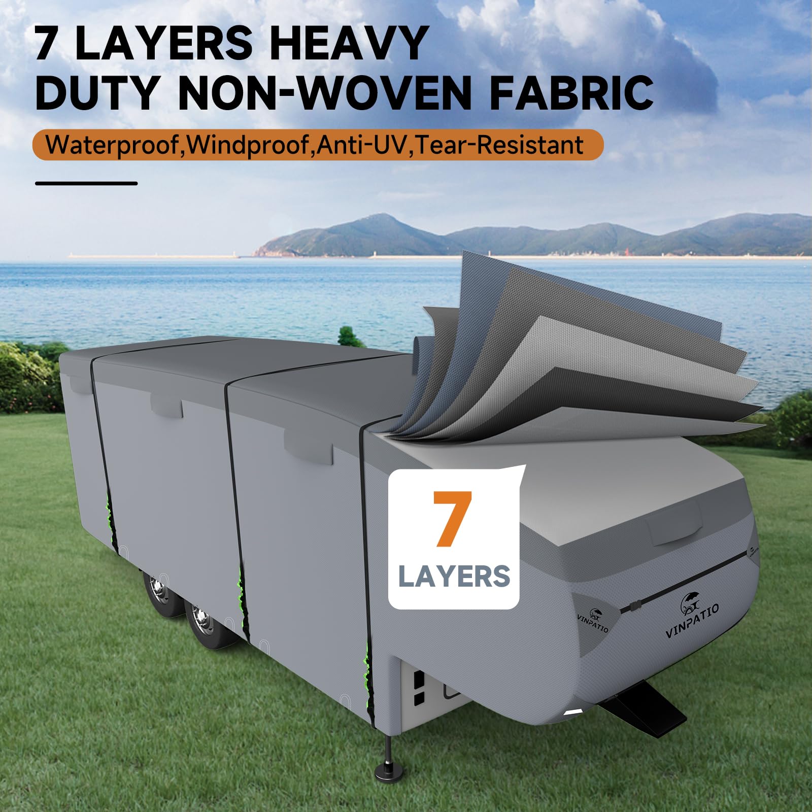 5Th Wheel Cover: Extra-Thick 7 Layers Top, Fits 40'-44' Rv, Heavy Duty Waterproof Anti-Uv 5Th Wheel Rv Cover, With Gutter Cover