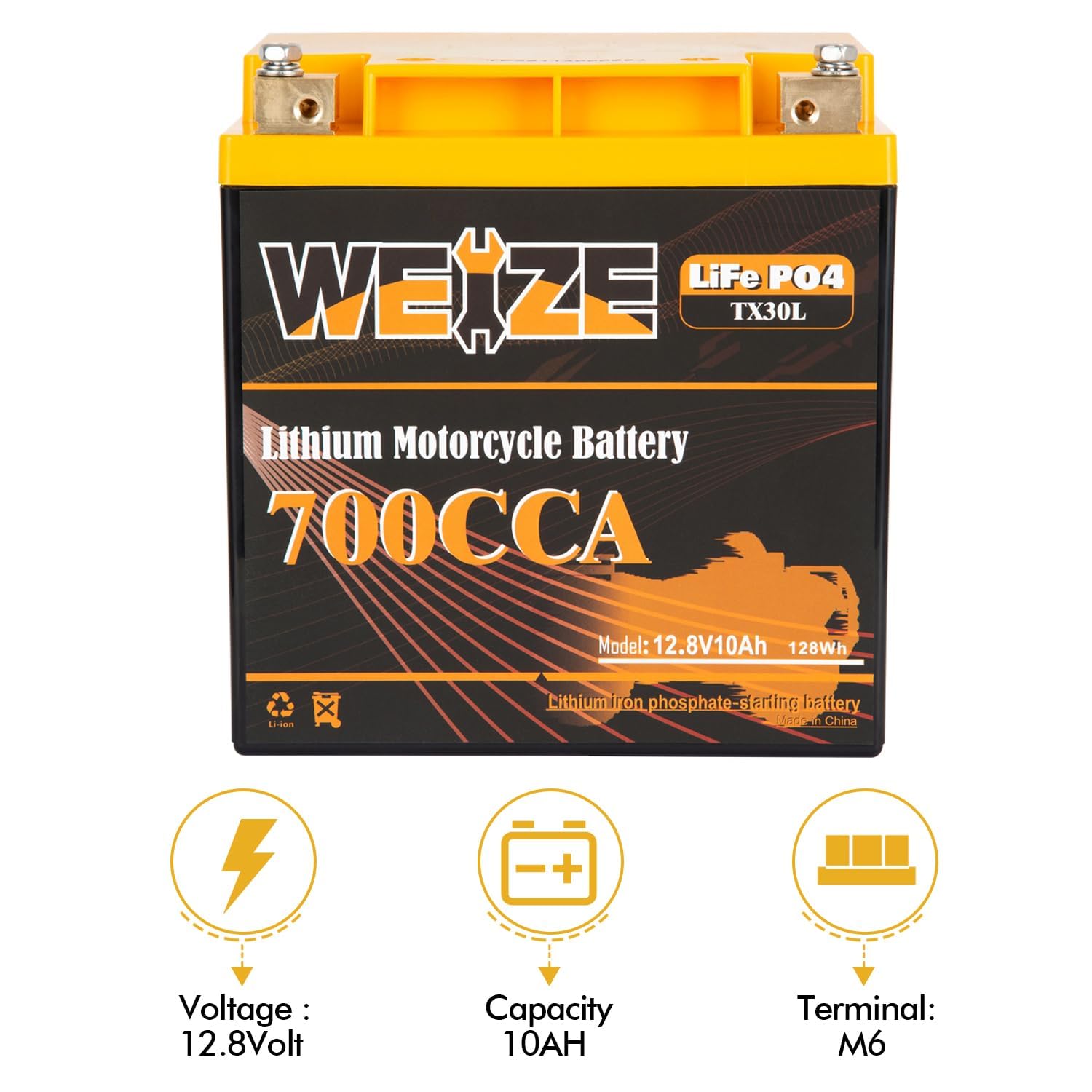 Weize Lithium Ytx30L-Bs, 700A Lithium Lifepo4 Ytx30L Motorcycle Battery, 12V 10Ah Atv, Utv, Jet Ski, Scooter, Lawn Mower, Tracto