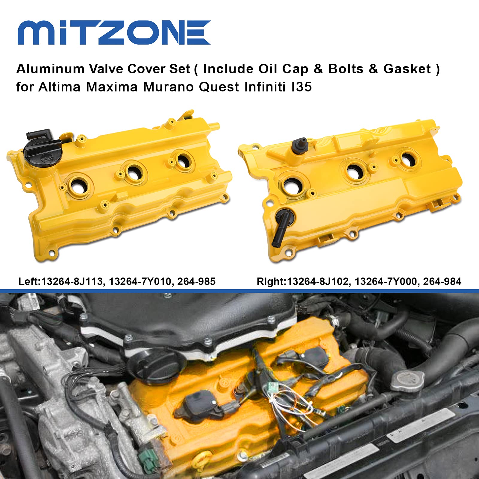 MITZONE Aluminum Valve Covers for 2002-2009 Nissan Altima, Maxima, Murano, Quest, Infiniti i35 – Yellow Front & Rear Set