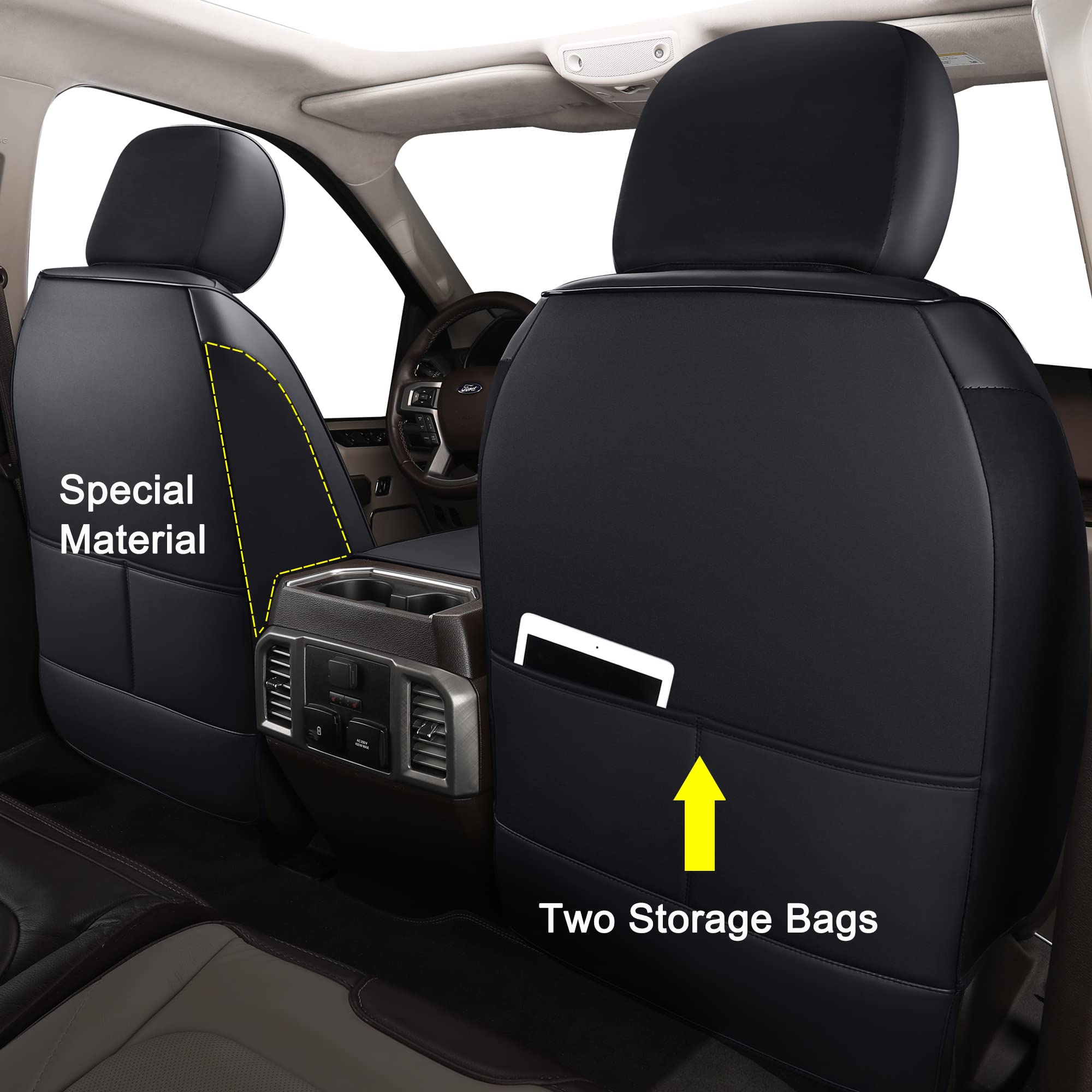 Huidasource Leather Seat Covers for 2015-2025 Ford F150 & F250-F450, Full Set, Black, Faux Leather, Model F1501