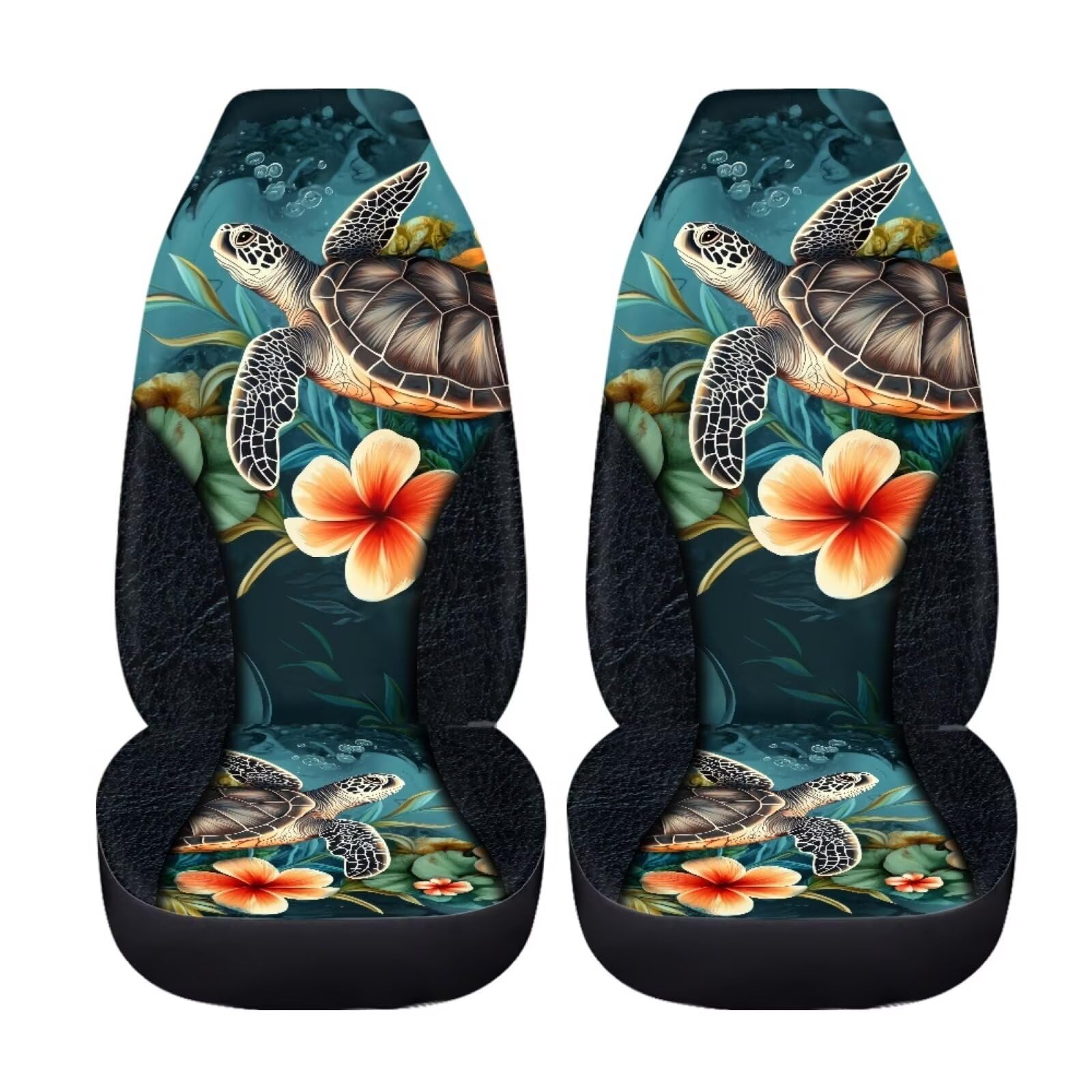 Bigcarjob Art Sea Turtle Car Seat Cover Set For Front Seat Only,2 Pack Animal Turtle Print Auto Front Seat Protector Saddle Blan