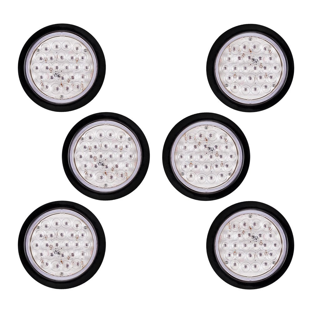6X 4 Round 24-LED Clear Lens RED Light Trailer Truck RV Brake Stop Lamps Rear Parking Taillights 12V