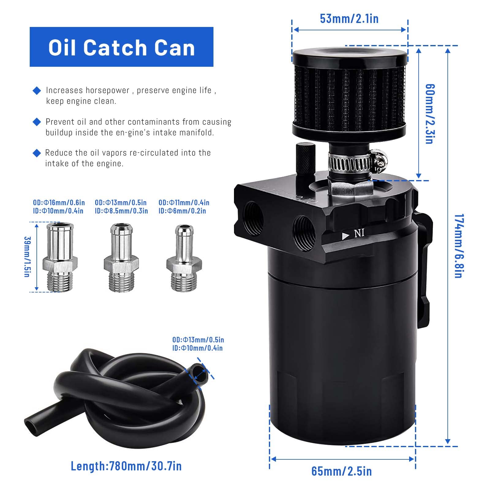 Universal Baffled Oil Catch Can 300Ml Aluminum Polish Oil Separator Catch Can Kit Reservoir Tank With Breather Filter & 3/8'' Fu