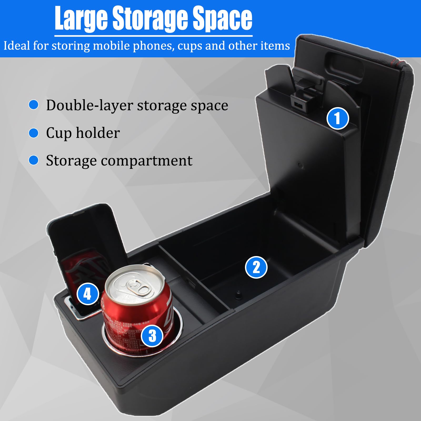 YJYWZH Car Armrest Box for Ford Focus MK3 2012-2018, Double-Layer Leather Storage, Black Thread, with Cup Holder