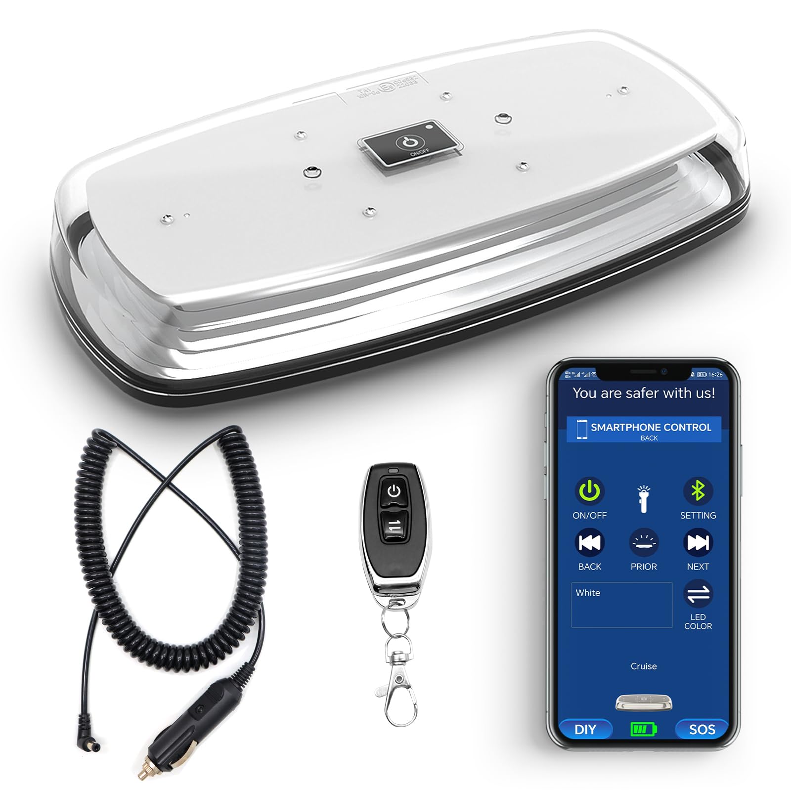 Agrieyes APP Control Mini Strobe Light Bar Rechargeable, Magnetic Amber/White LED Beacon Light, Wireless Emergency Light for Veh