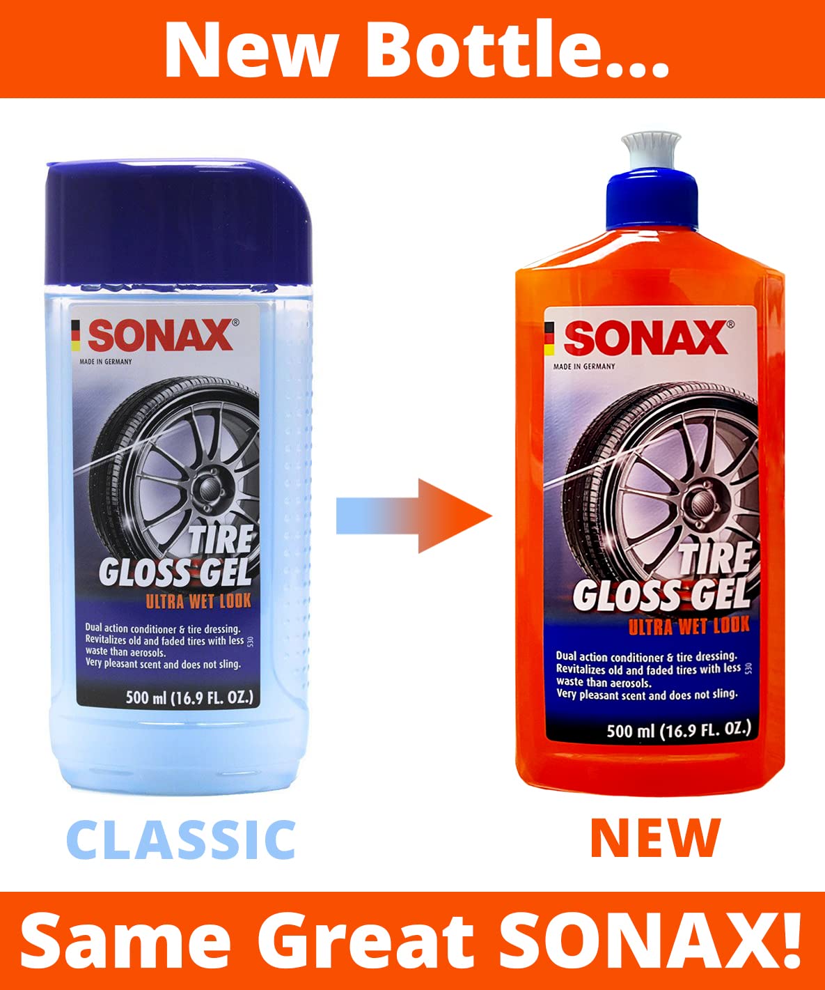 SONAX Tire Gloss Gel 235200 | Long-Lasting Rubber Conditioner | 500ml | Semi-Gloss Finish | Deep Black | Cleans & Protects Tires