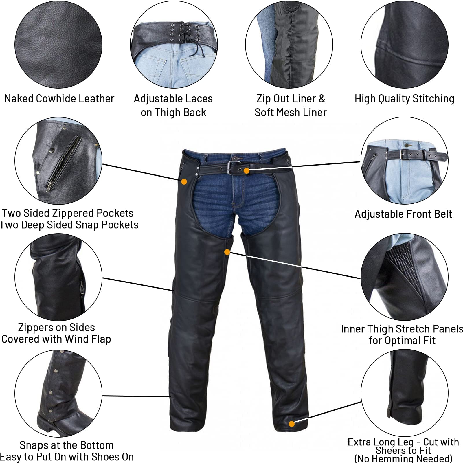 Black Motorcycle Leather Chaps For Men Women Riding With Zip Out Liner, Cowboy Biker Chap Pants With Four Deep Pockets, 3Xl