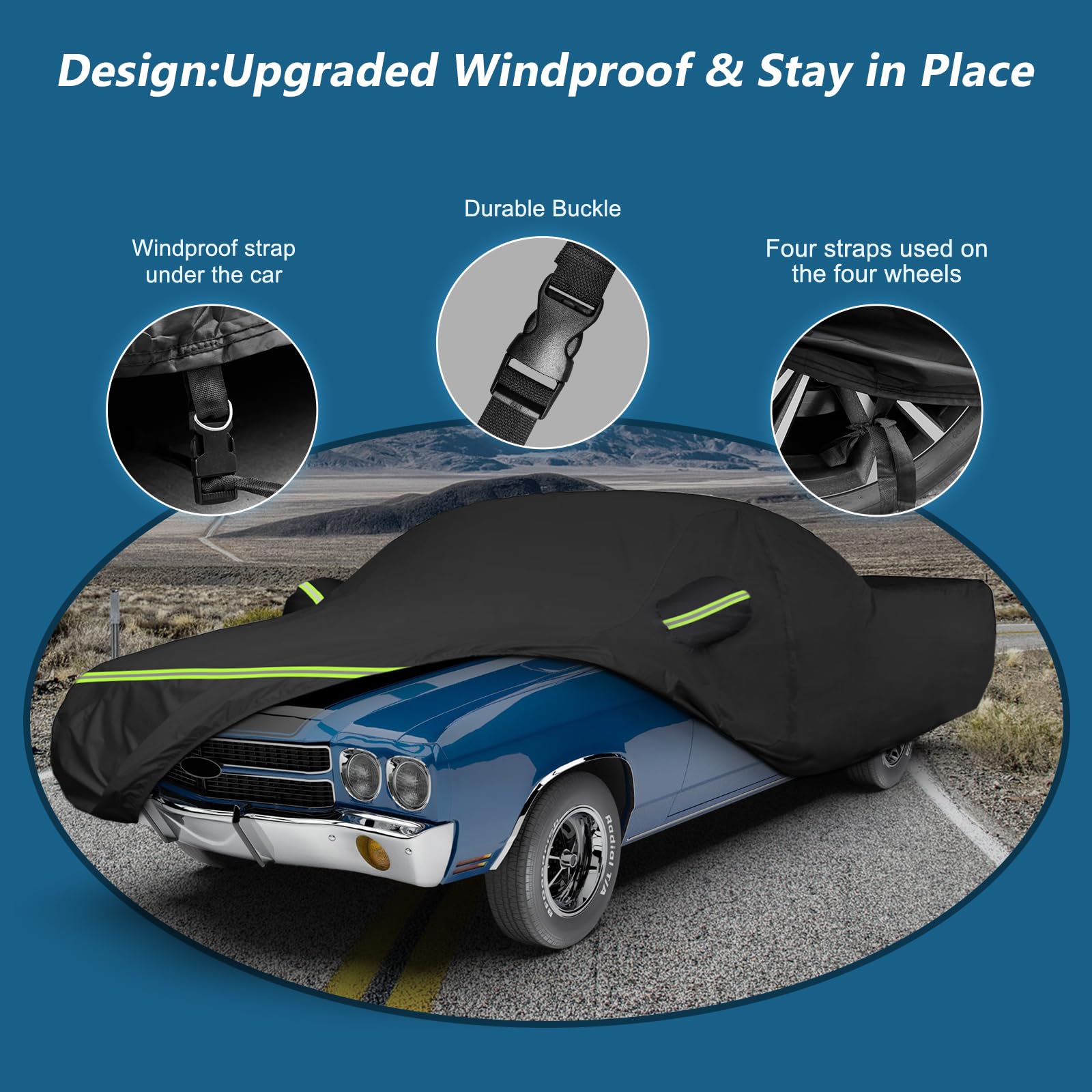 BIGACOVER Waterproof Car Cover for Chevrolet El Camino 1964-1967/1978-1987, 420D Oxford Cloth, Black, with Driver Side Zipper