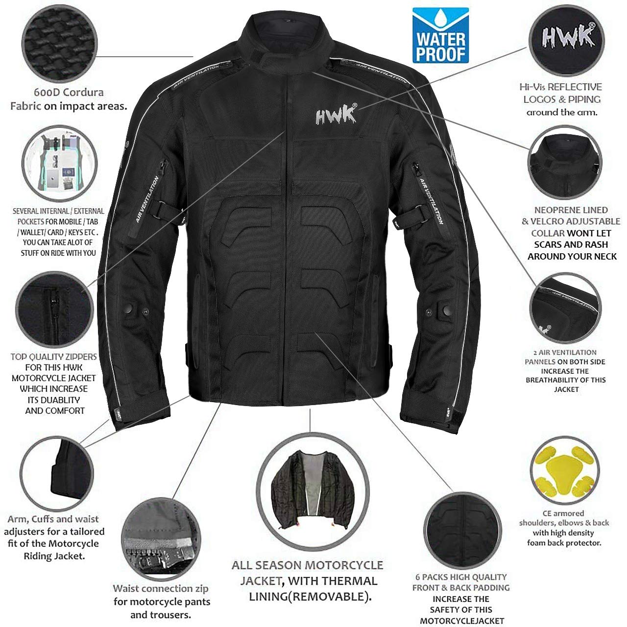 HWK Spyder Motorcycle Jacket - Weather Resistant Cordura, 4X-Large, Black