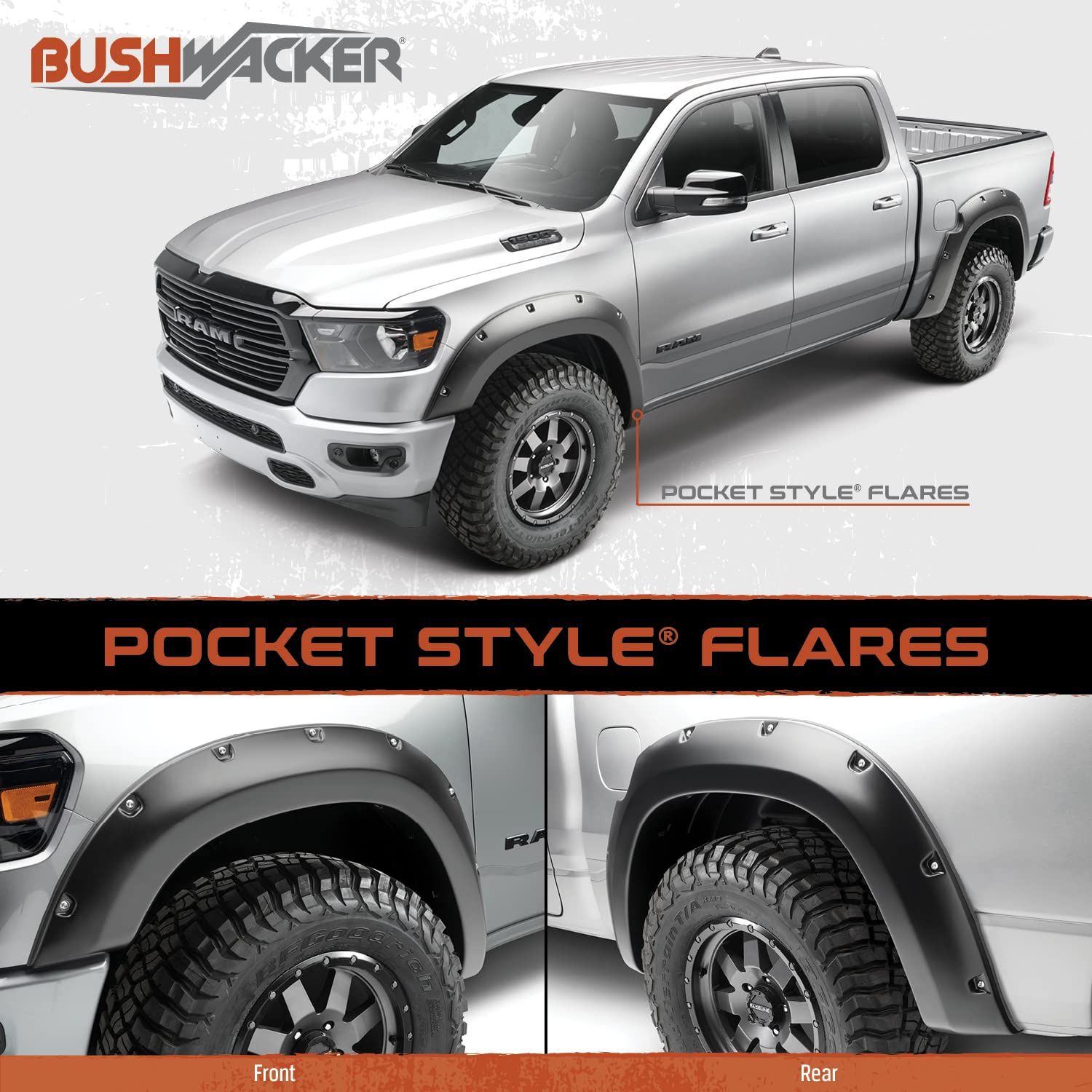 Bushwacker Pocket/Rivet Style Front & Rear Fender Flares | 4-Piece Set, Black, Smooth Finish | 50907-02 | Fits 2002-2008 Dodge R