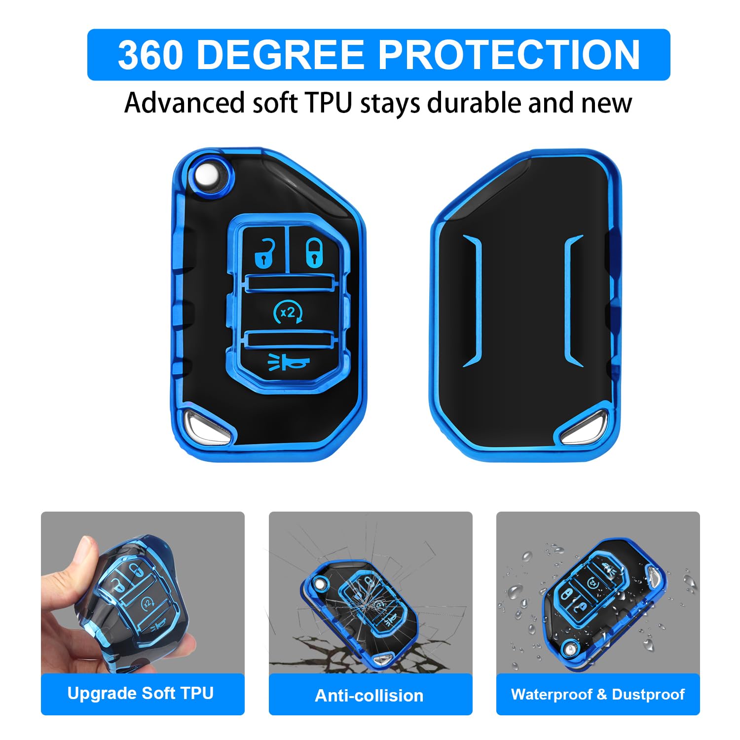 QBUC Jeep Key Fob Cover with Keychain - Compatible with Wrangler JLU JL Gladiator Rubicon JT, One Size, Blue