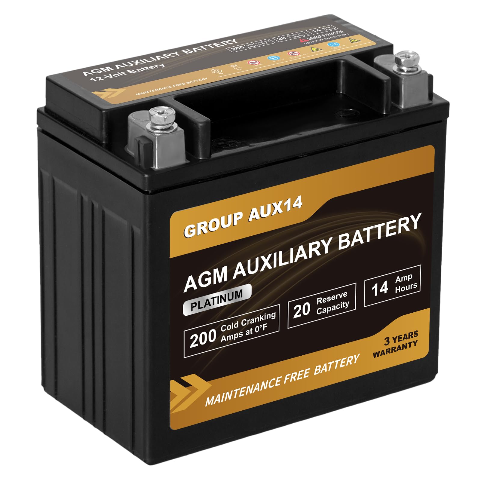 Daakmax Platinum AUX14 AGM Auxiliary Battery - Group 400, 12V 14Ah, 200 CCA, 20 RC, Rechargeable Car Battery with 36-Month Warra
