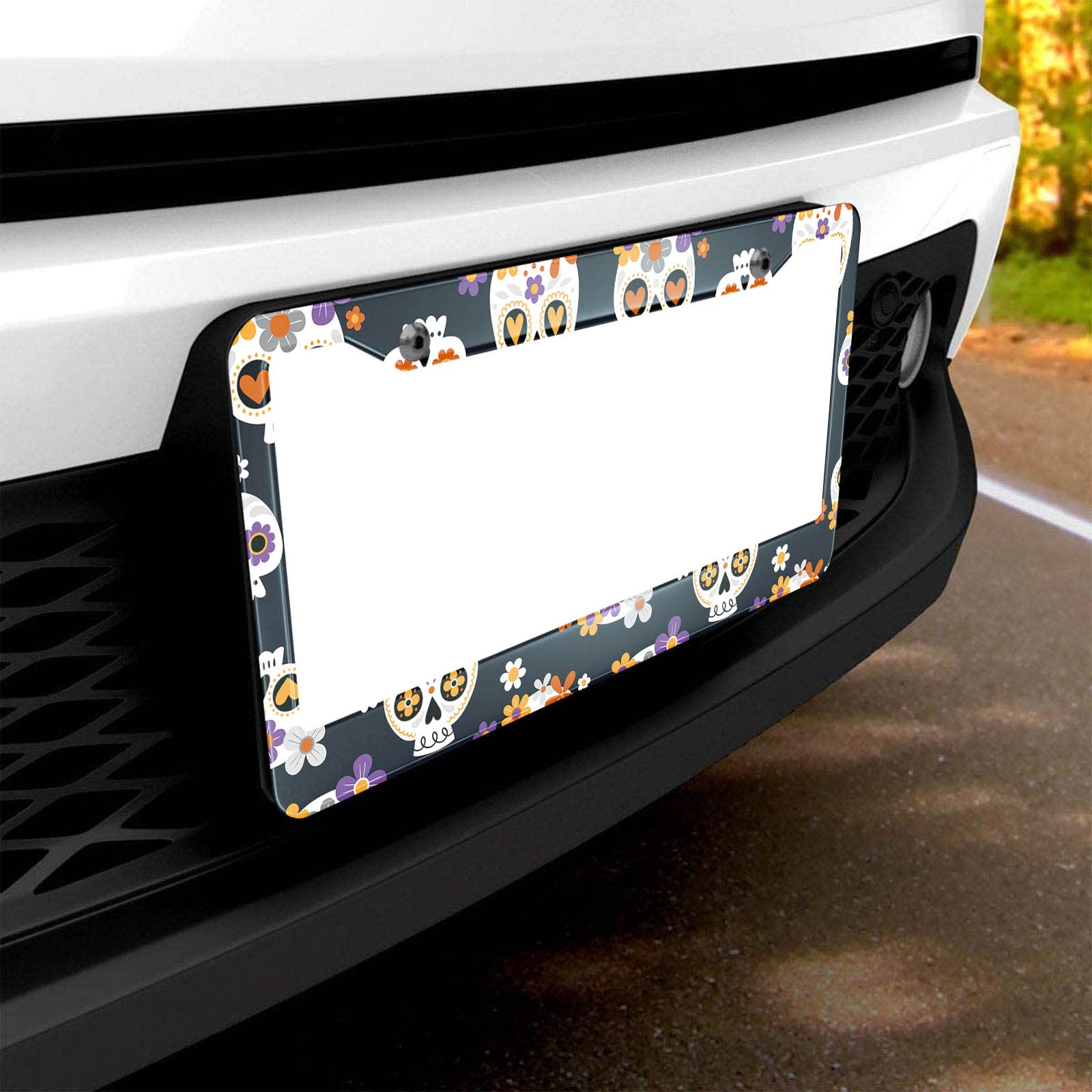 Hosnye Cute Sugar Skulls And Flowers License Plate Frame Halloween Theme Metal License Plate Cover Front Plates Frames Car Tag F