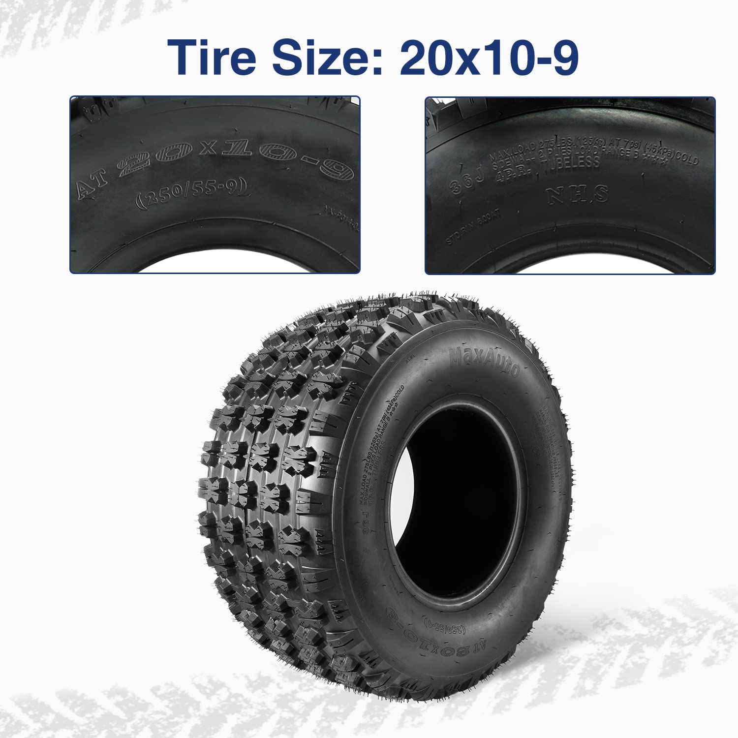 MaxAuto Sport ATV Tire Set - 4PR, 22x7-10 Front & 20x10-9 Rear, Black Rubber, Durable UTV Quad Tires