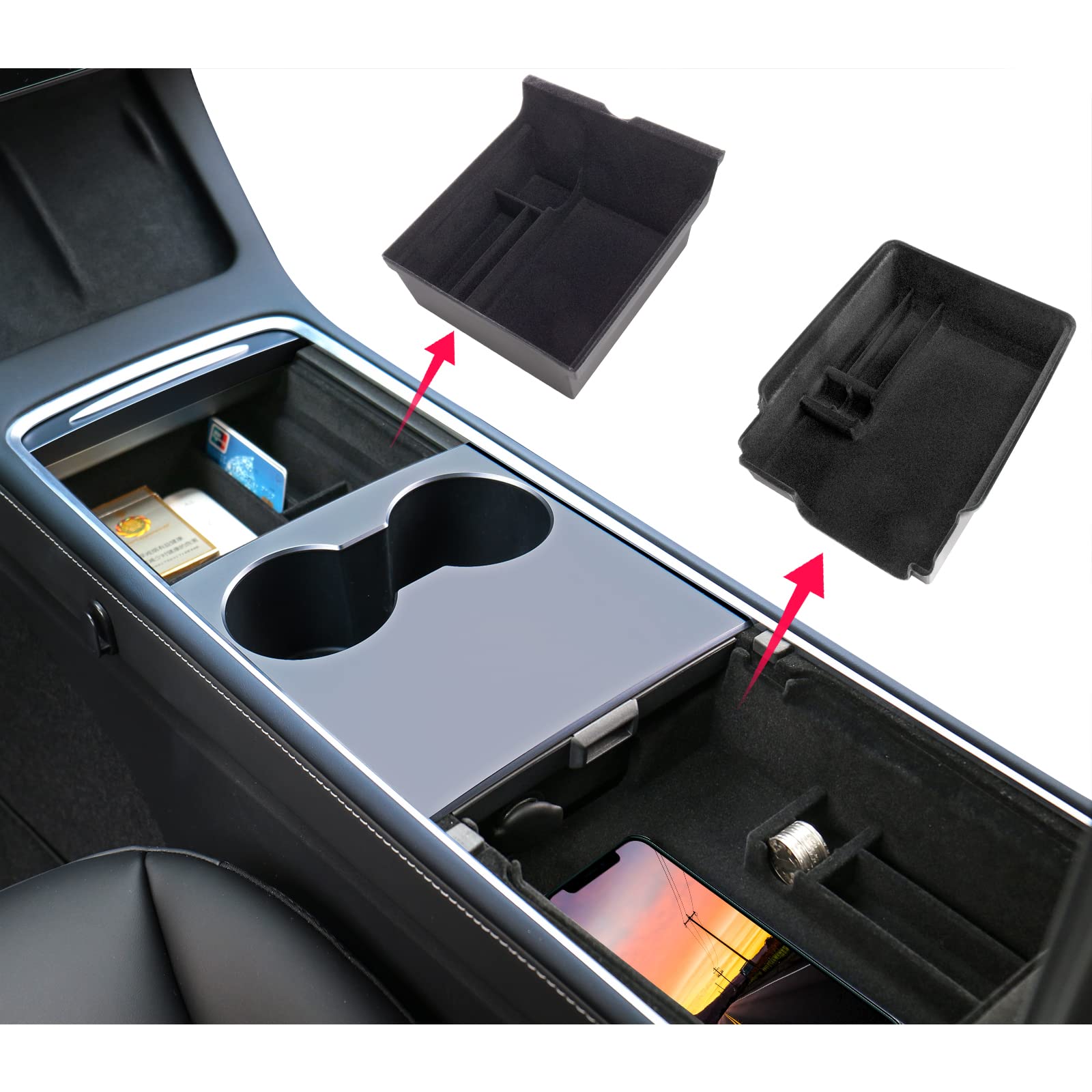 Carwiner 3Pc Center Console Organizer Tray For 2021-2022 2023 Tesla Model 3/Y Flocked Armrest Drawer Storage Box Interior Access