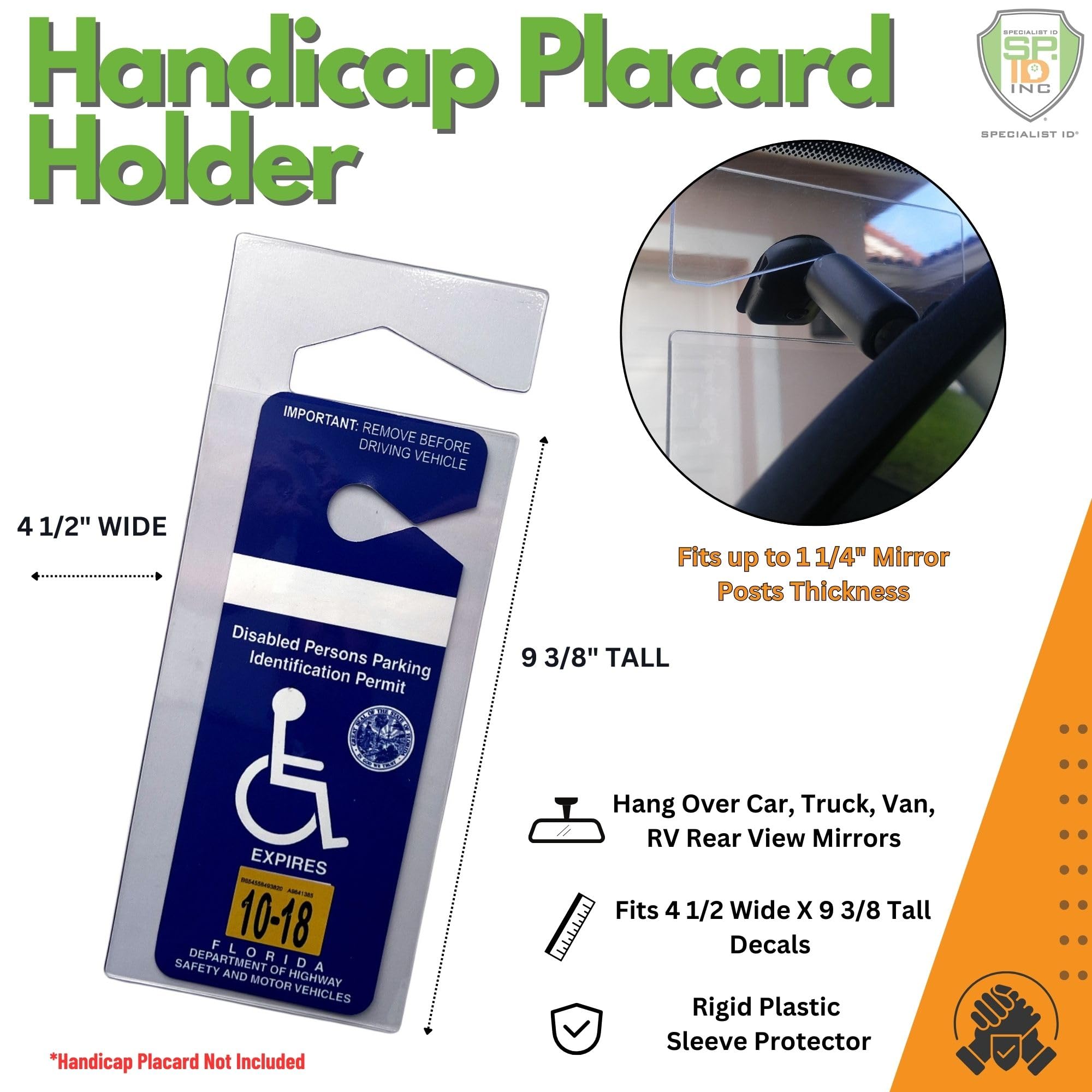 Specialist ID 2 Pack Clear Handicap Parking Placard Holder - Durable Plastic Rear View Mirror Hanger - Transparent Car Tag Cover