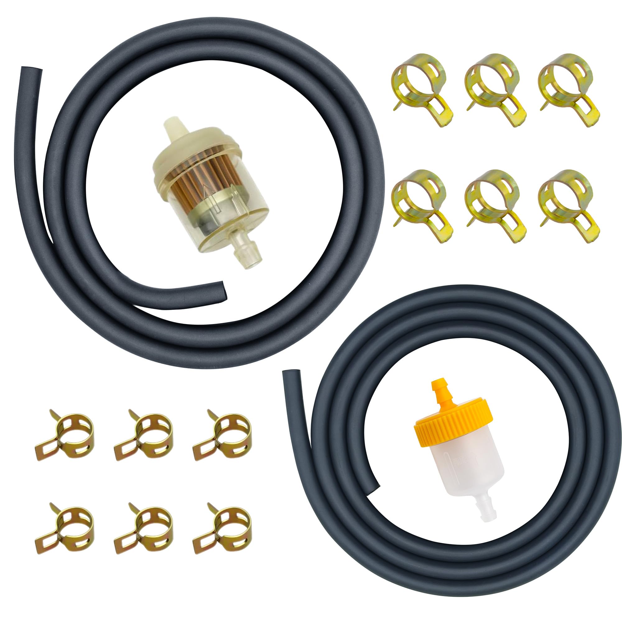 Strongthium 3/16 & 1/4 Gas Fuel Line Hose Set 2 Size Rubber Gas Tube & Filter 12 Pcs Clamps for Lawn Mowers ATV Go-carts Mini Bi