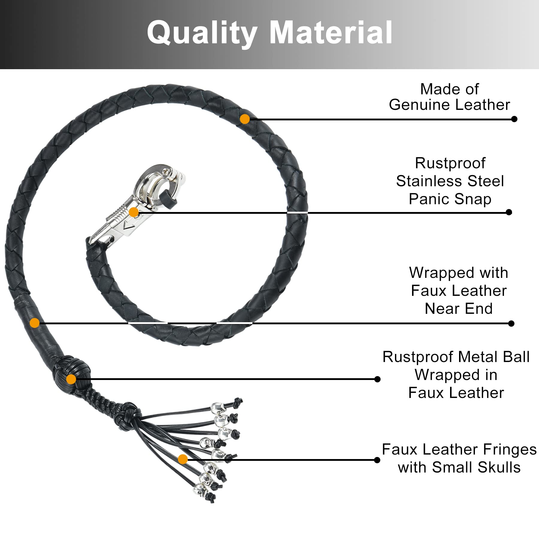 Dream Apparel 36" Genuine Leather Motorcycle Get Back Whip, Black and Orange with Fringes and Skulls