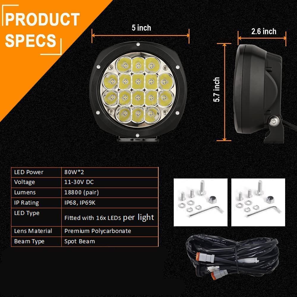 Biglion.X 5Inch 160W Round Led Driving Lights Off Road Spot Lights Offroad Driving Light Bar 18800Lm With Wiring Harness Waterpr