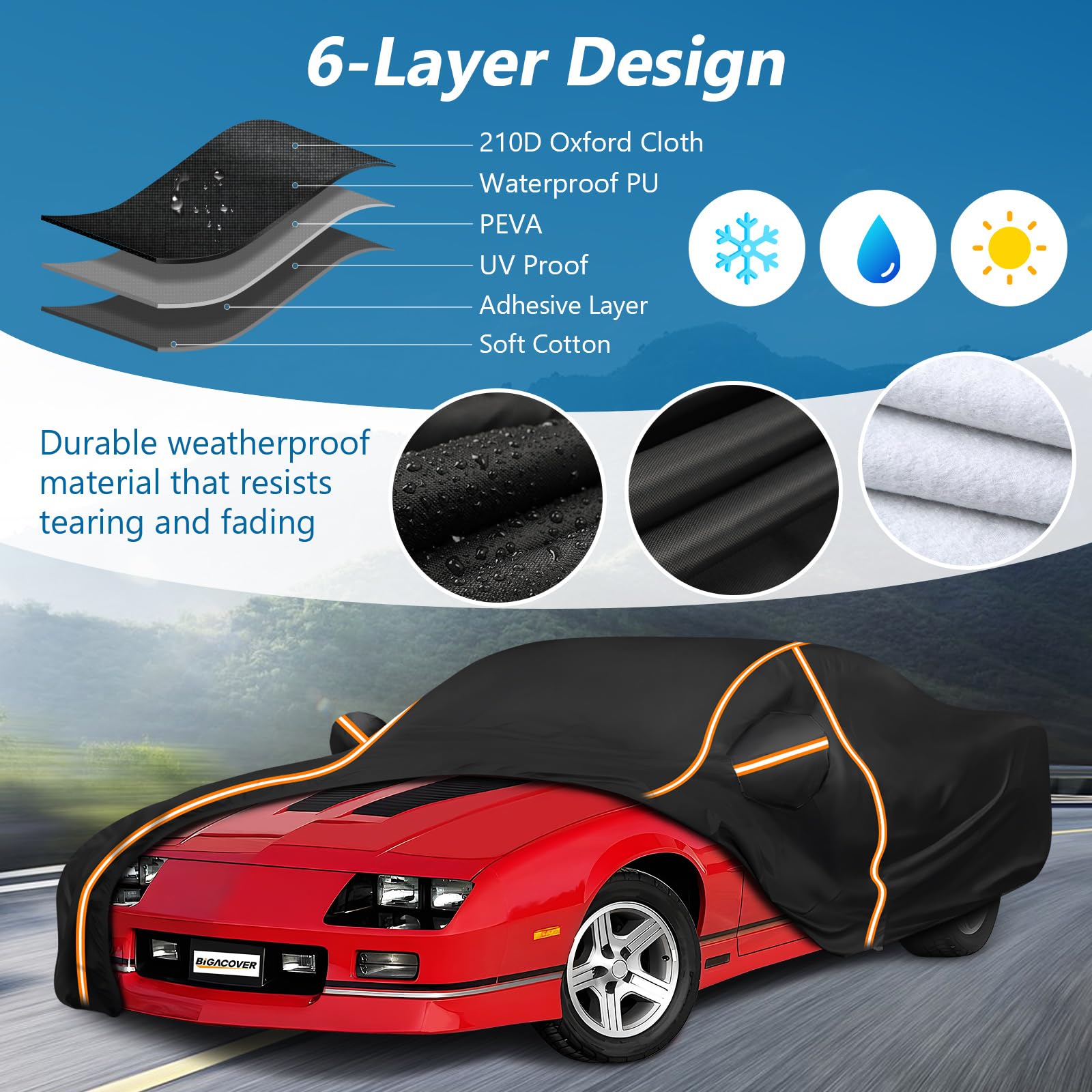 BIGACOVER Car Cover for Chevy Camaro 1982-2002, Waterproof 210D Oxford Cloth, Black, Heavy Duty All Weather Protection