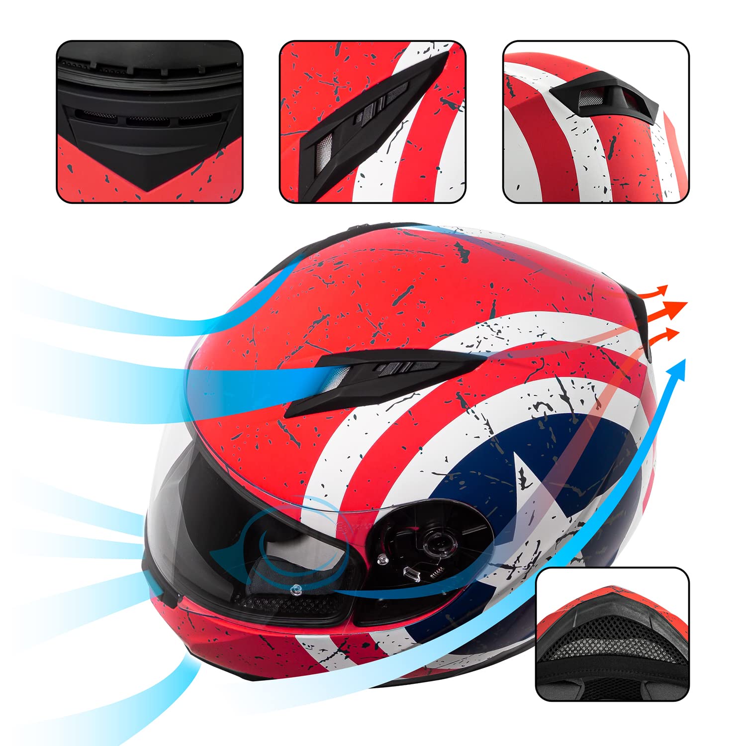 VCAN VX20RS24 Lightweight Full Face Motorcycle Helmet, Large, Rebel Star, Thermoplastic, Extra Tinted Visor, DOT & ECE Approved