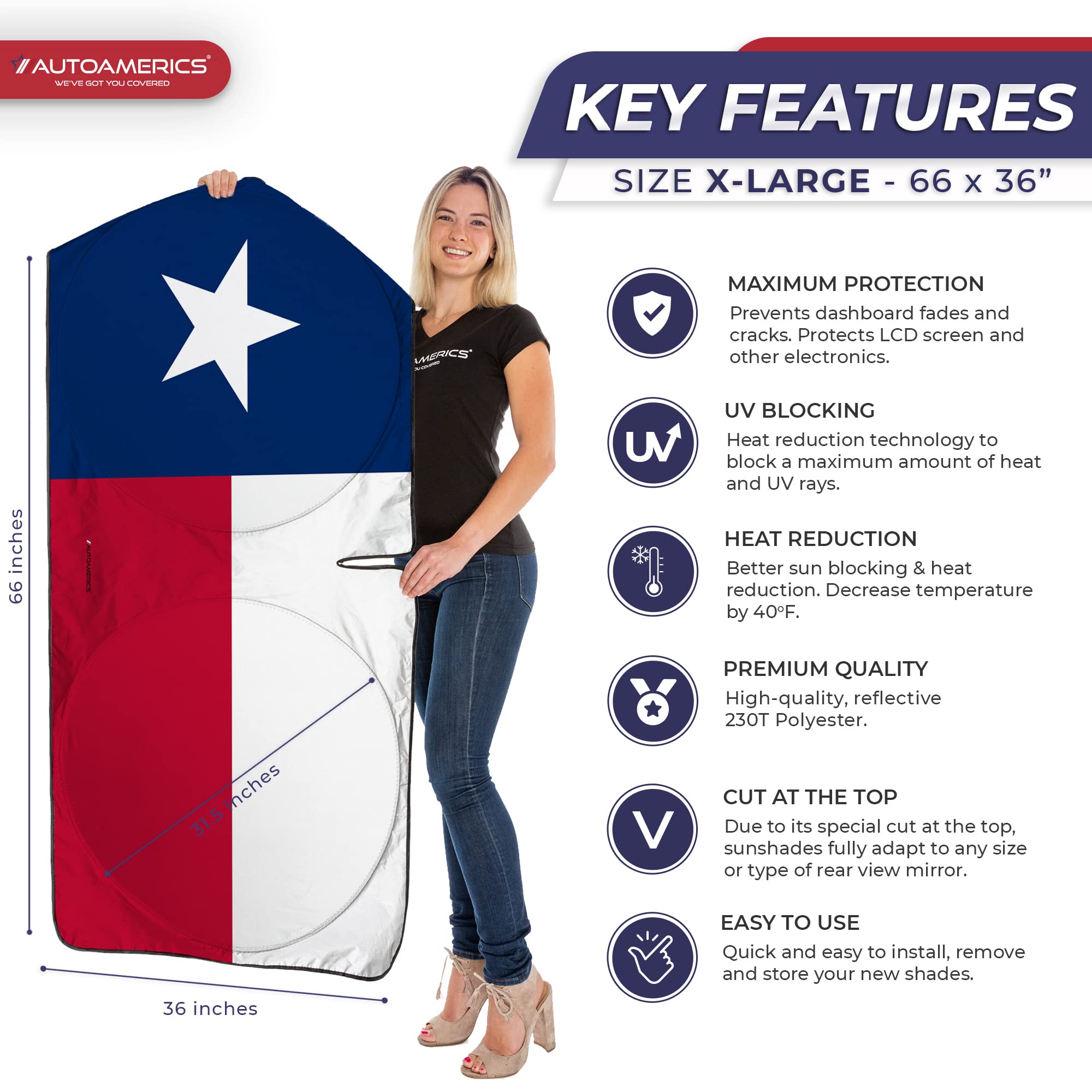Autoamerics Truck Windshield Sun Shade With Storage Pouch & Anti-Slip Dash Pad - Foldable Usa Texas Flag Design - Fits Most Suvs