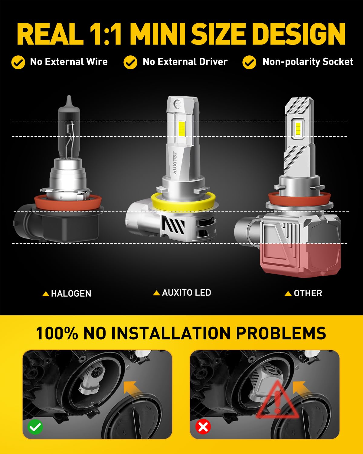 Auxito 9005/Hb3 H11/H9/H8 Fog Light, H8 H9 Hb3 Bulbs Combo 5 Mins Install, Plug-N-Play, White Light, Ip68 Waterproof, Pack Of 4