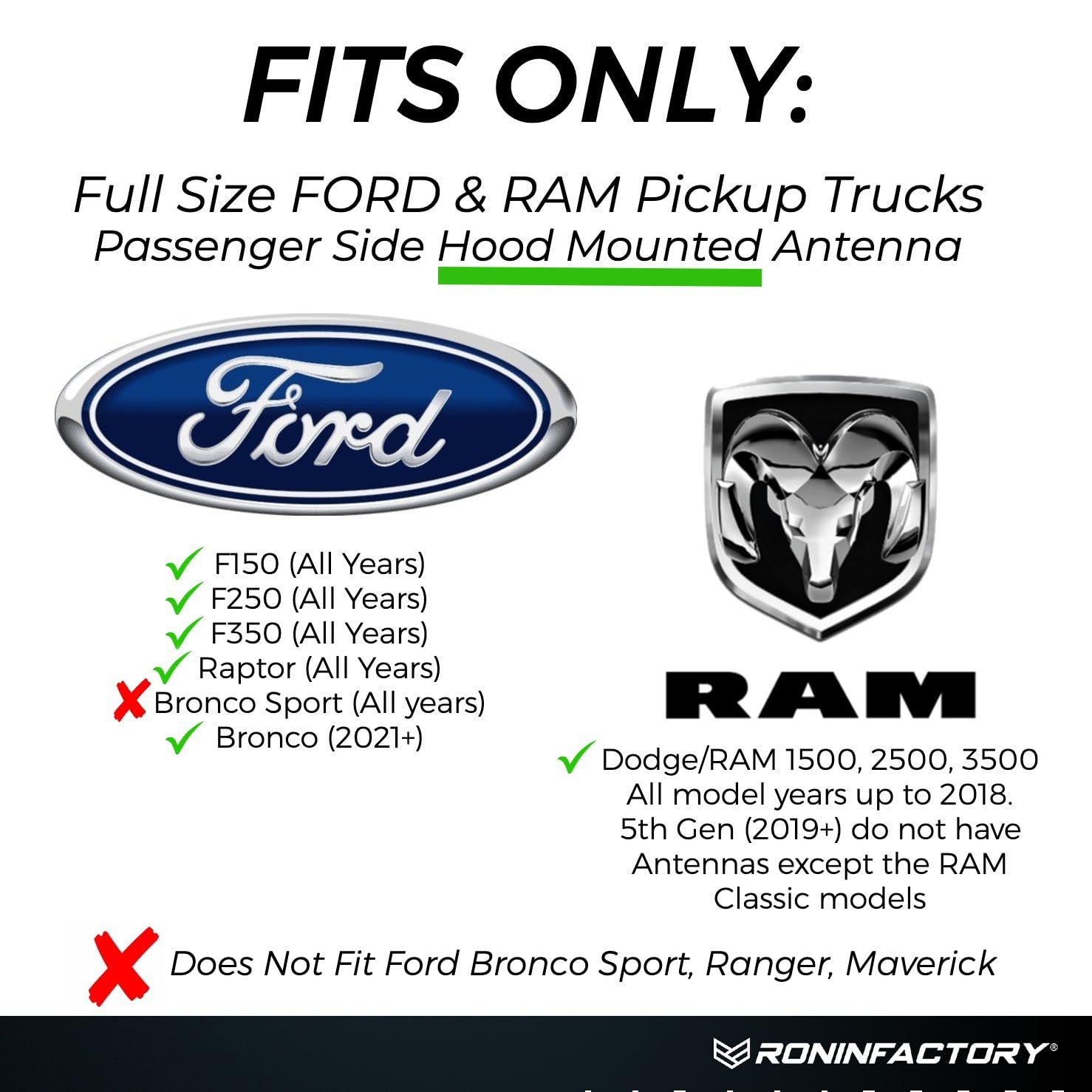 Ronin Factory 50 Cal Bullet Antenna for Ford F150 F250 F350 Super Duty Ford Raptor Ford Bronco Truck Ford F-150 Accessories F150