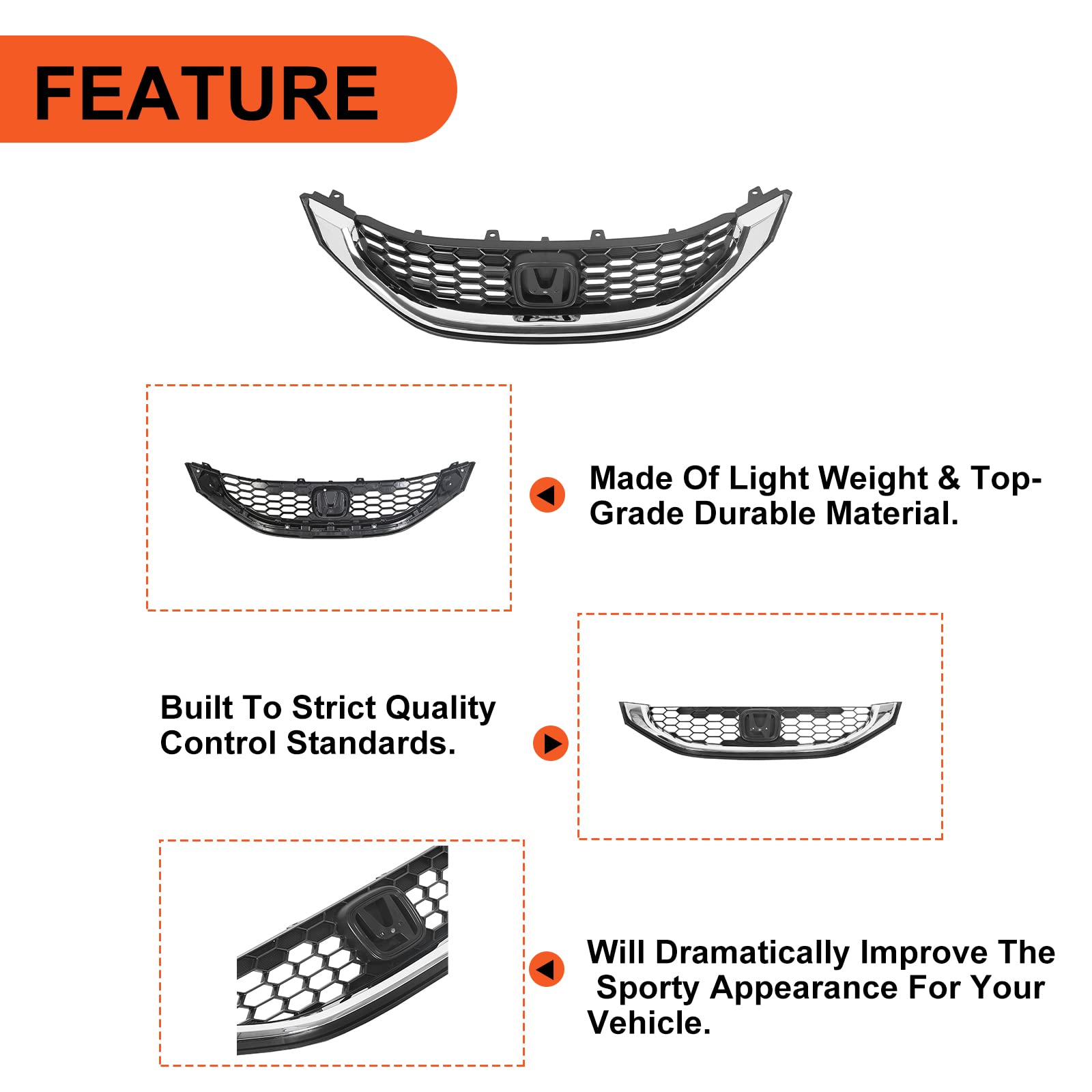 ECOTRIC Front Grill for 2013-2015 Honda Civic Sedan, Black Plastic, Model XM-003-Z1, Chrome Molding, HO1200216, HO1202109
