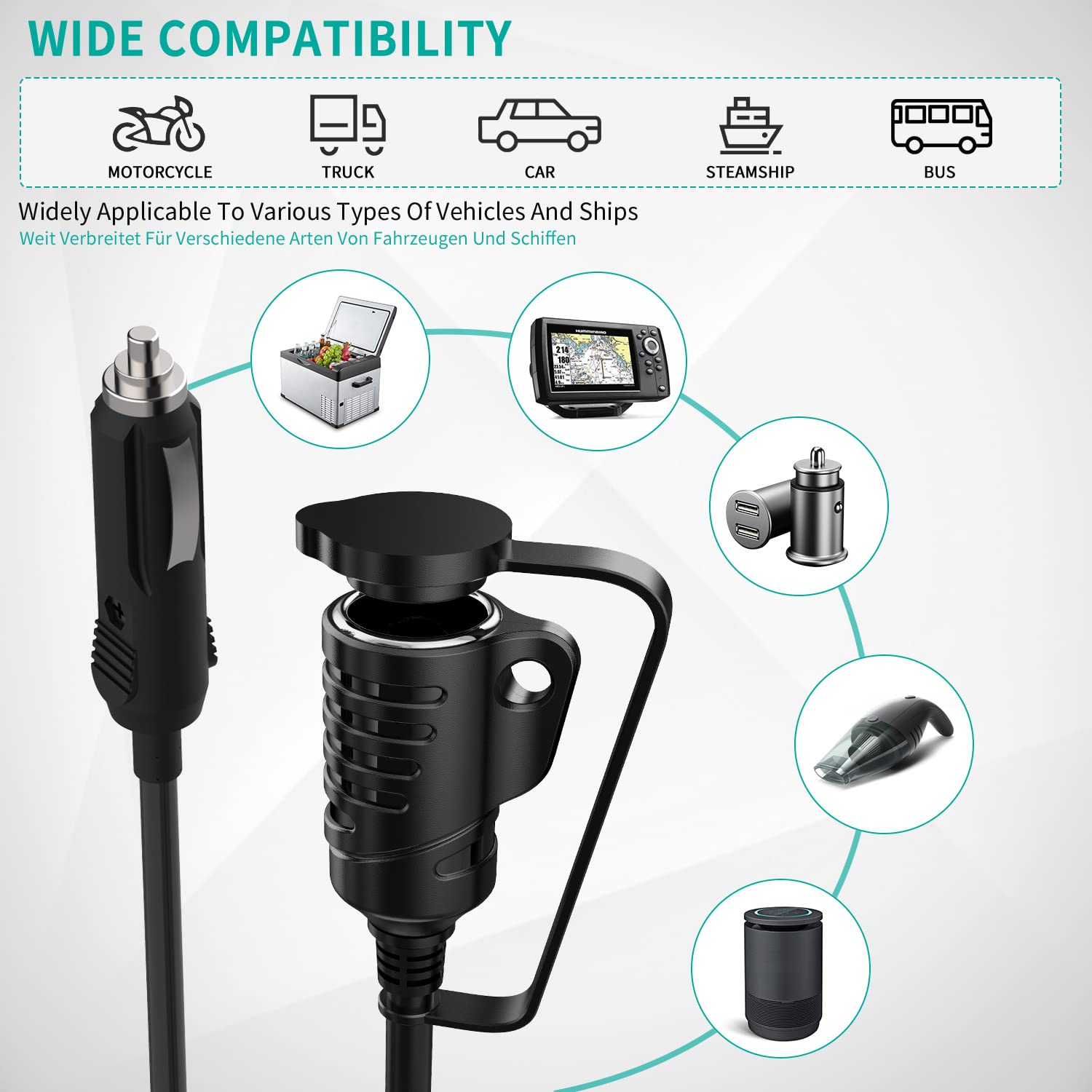 Cigarette Lighter Extension Cable 1.5M-5Ft 16Awg Male To Female Socket, Dc 12V/24V Cigarette Lighter Socket Power Outlet With 15