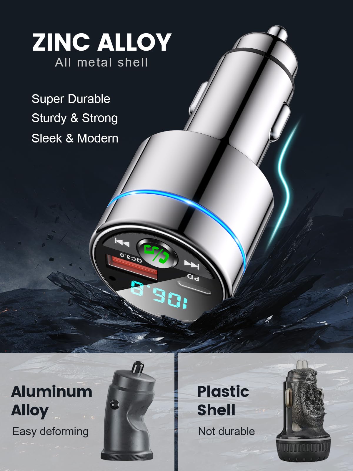 RIWUSI FM Transmitter for Car Bluetooth 5.3, PD 30W & QC3.0 Charger, Silver, Noise Cancelling Hands-Free Call, Small Size