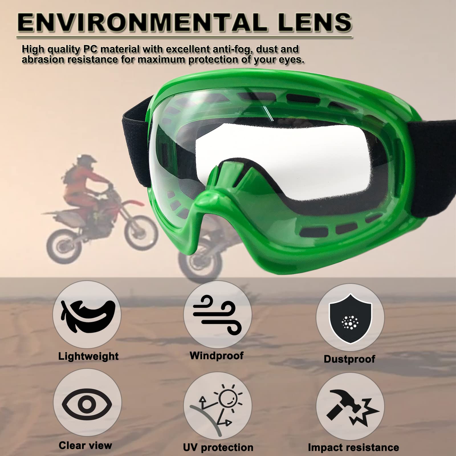 Kids Dirt Bike Goggles Impact-Resistant Adjustable Child Youth Atv Motorcycle Off-Road Riding Motocross Racing Cycling Goggles G