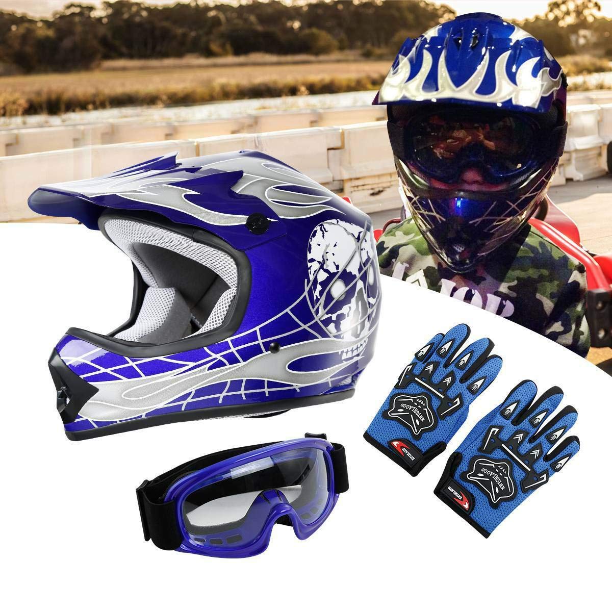 Slmoto Dot Youth & Kids Motocross Offroad Street Helmet Blue Skull Motorcycle Youth Helmet Dirt Bike Motocross Atv Helmet+Goggle